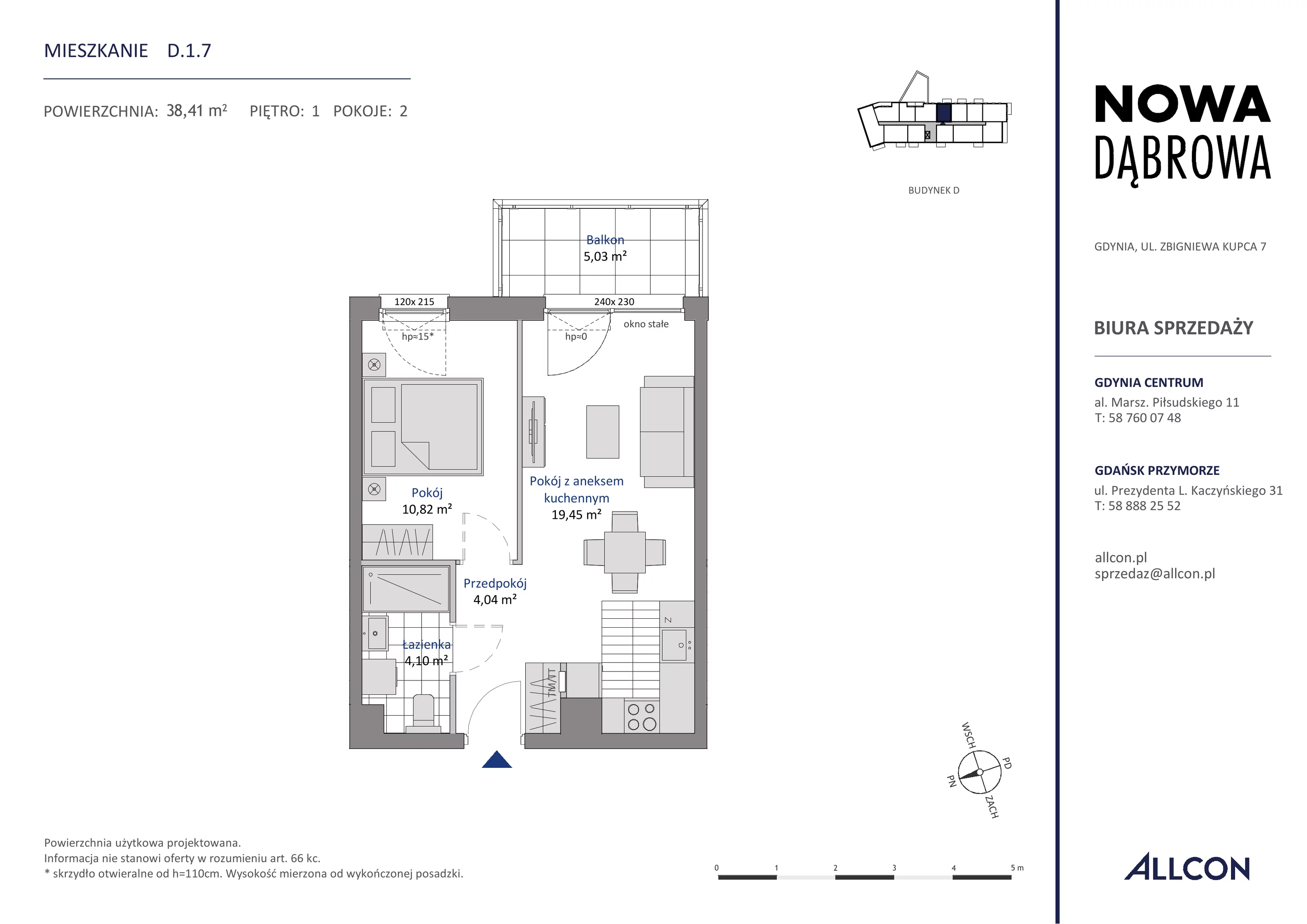 2 pokoje, mieszkanie 38,41 m², piętro 1, oferta nr D.1.7, Nowa Dąbrowa, Gdynia, Dąbrowa, ul. Rdestowa