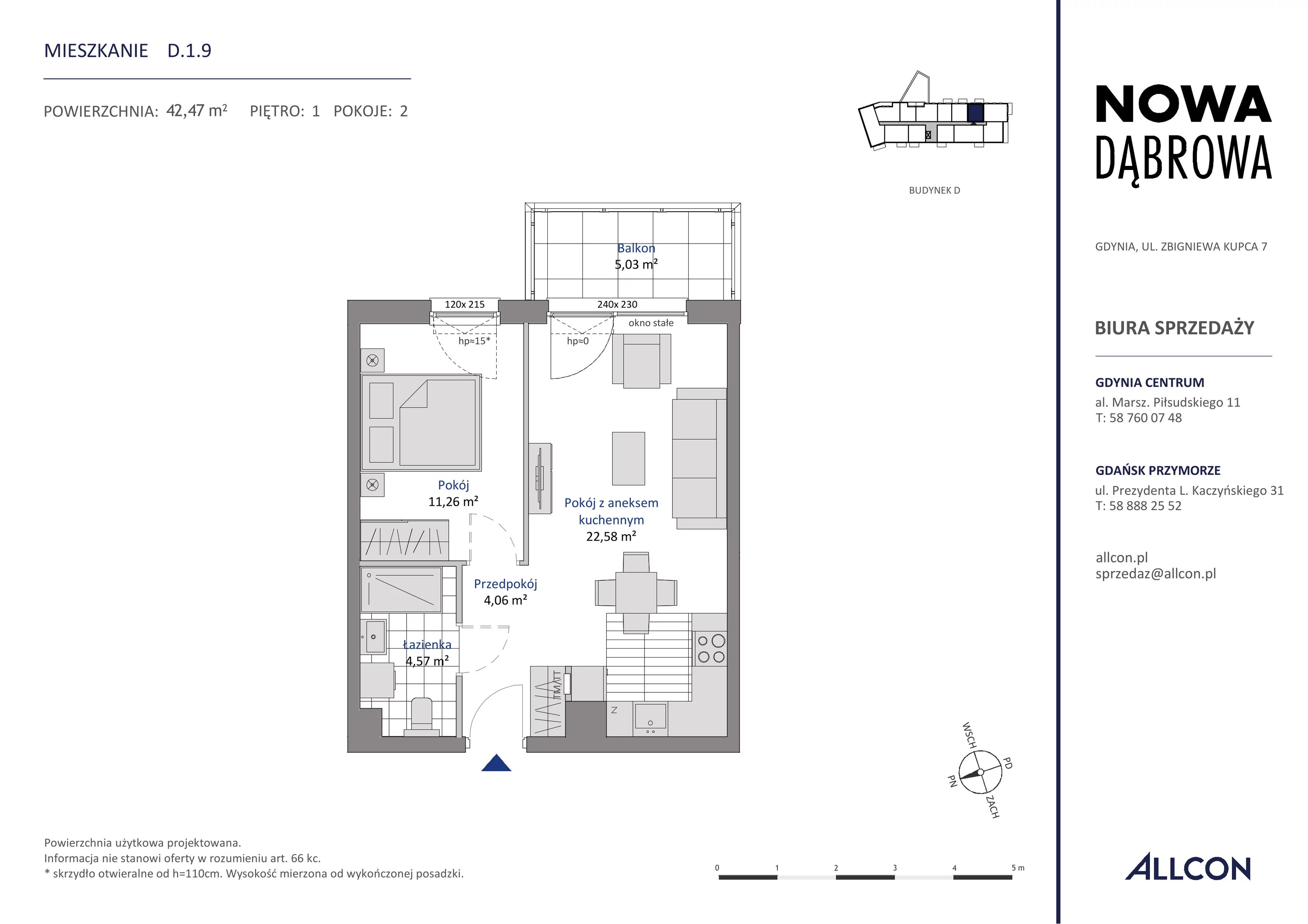 2 pokoje, mieszkanie 42,47 m², piętro 1, oferta nr D.1.9, Nowa Dąbrowa, Gdynia, Dąbrowa, ul. Rdestowa