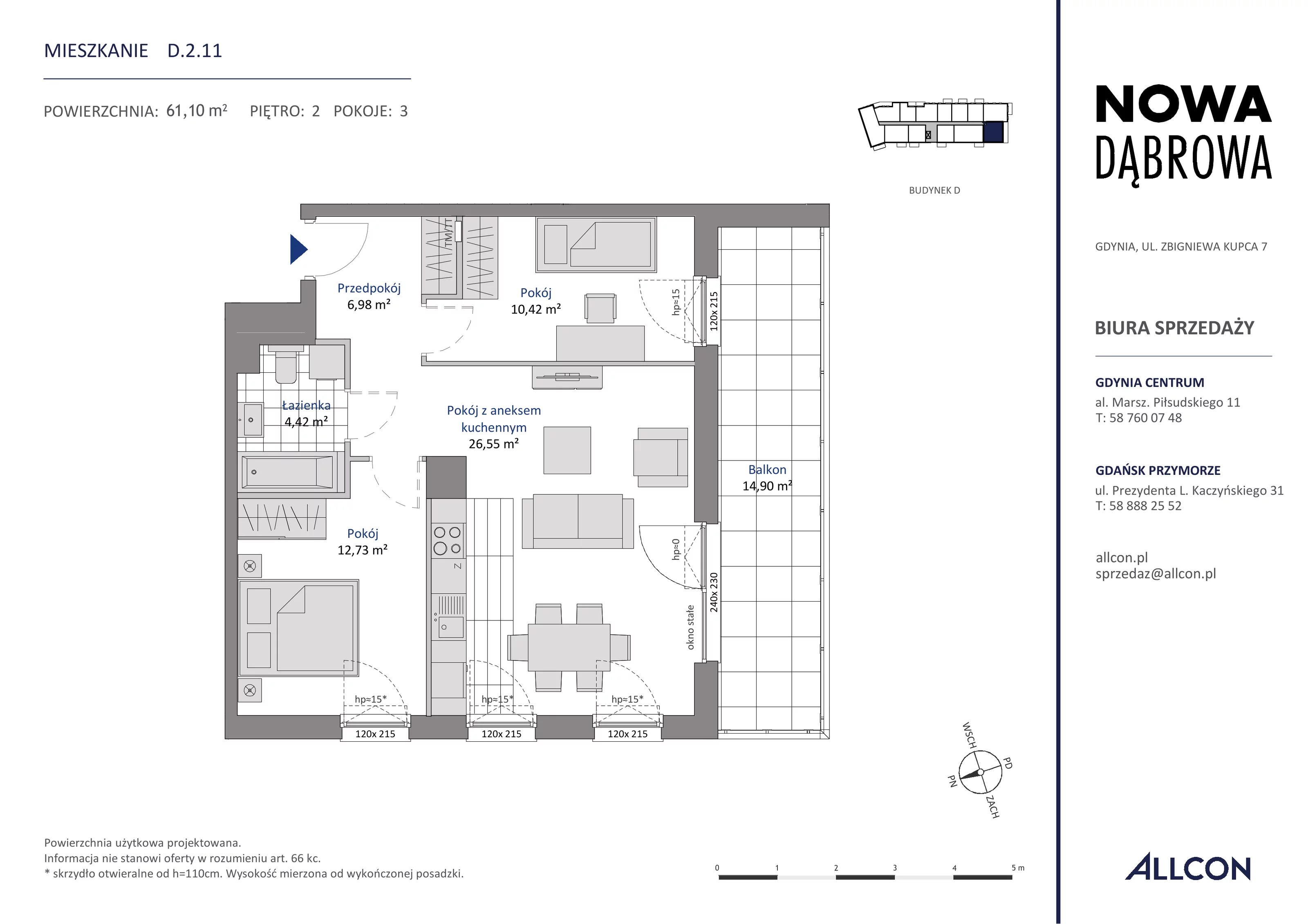 3 pokoje, mieszkanie 61,10 m², piętro 2, oferta nr D.2.11, Nowa Dąbrowa, Gdynia, Dąbrowa, ul. Rdestowa