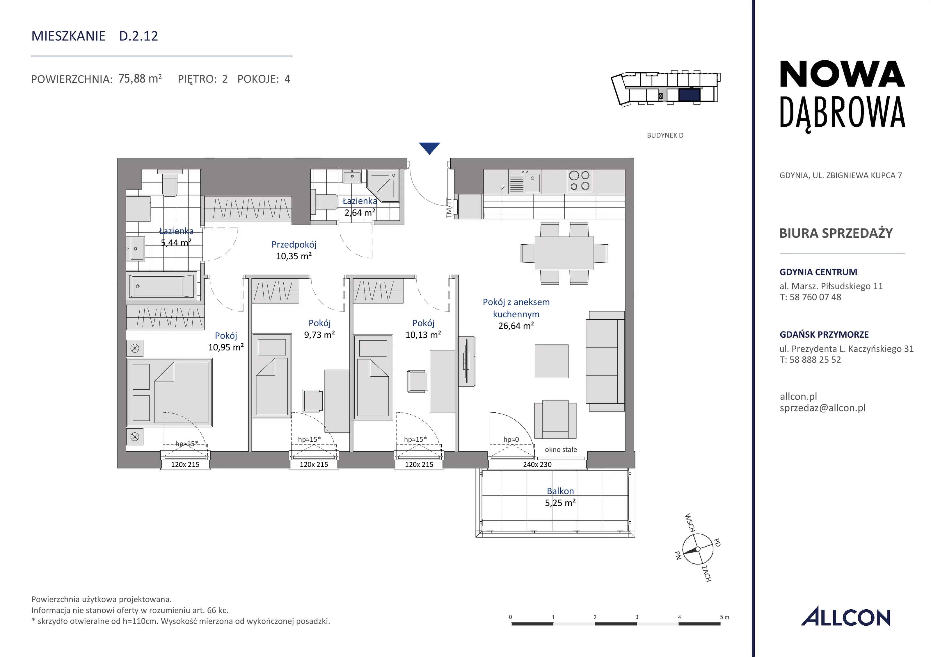 4 pokoje, mieszkanie 75,88 m², piętro 2, oferta nr D.2.12, Nowa Dąbrowa, Gdynia, Dąbrowa, ul. Rdestowa