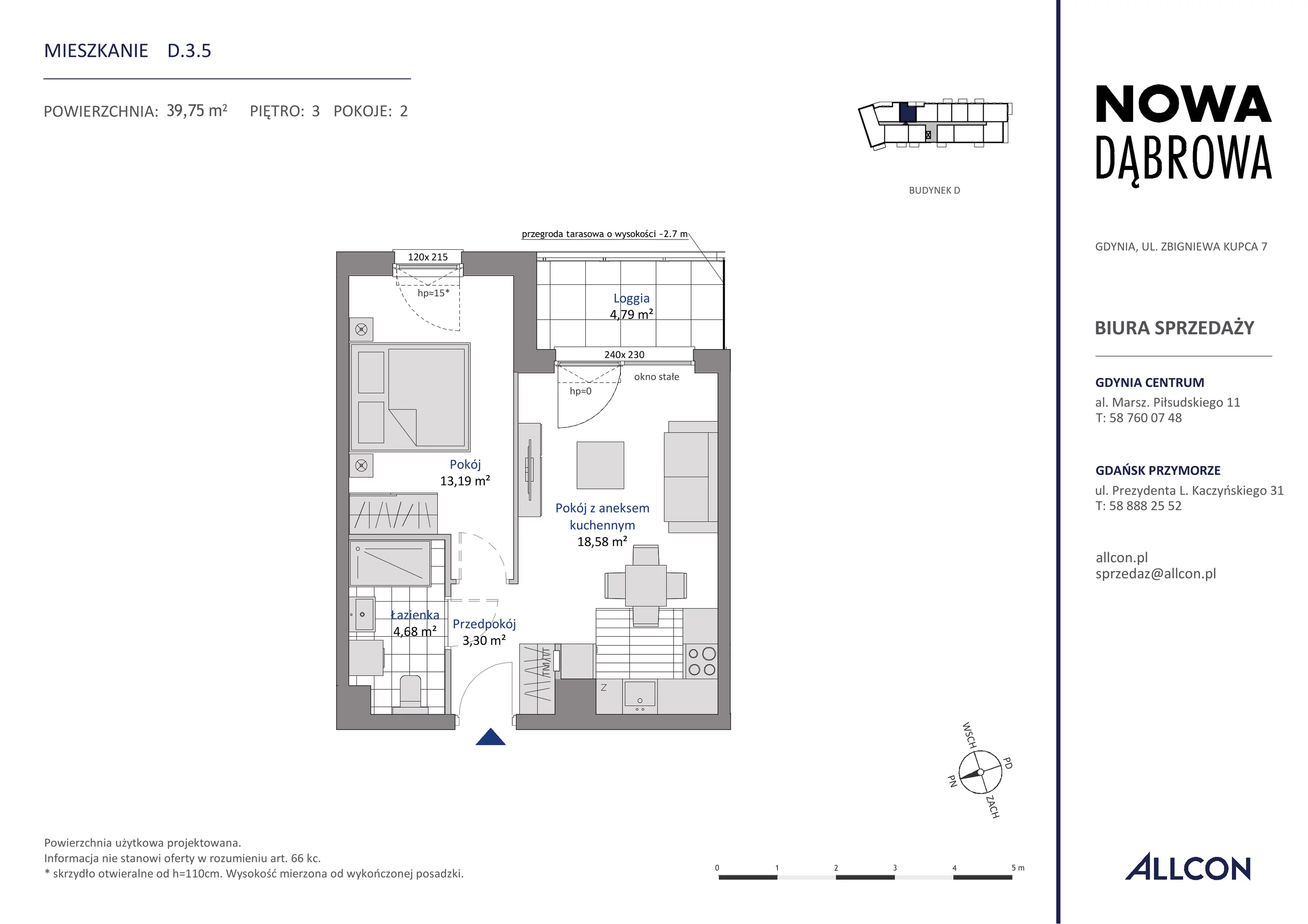 2 pokoje, mieszkanie 39,75 m², piętro 3, oferta nr D.3.5, Nowa Dąbrowa, Gdynia, Dąbrowa, ul. Rdestowa