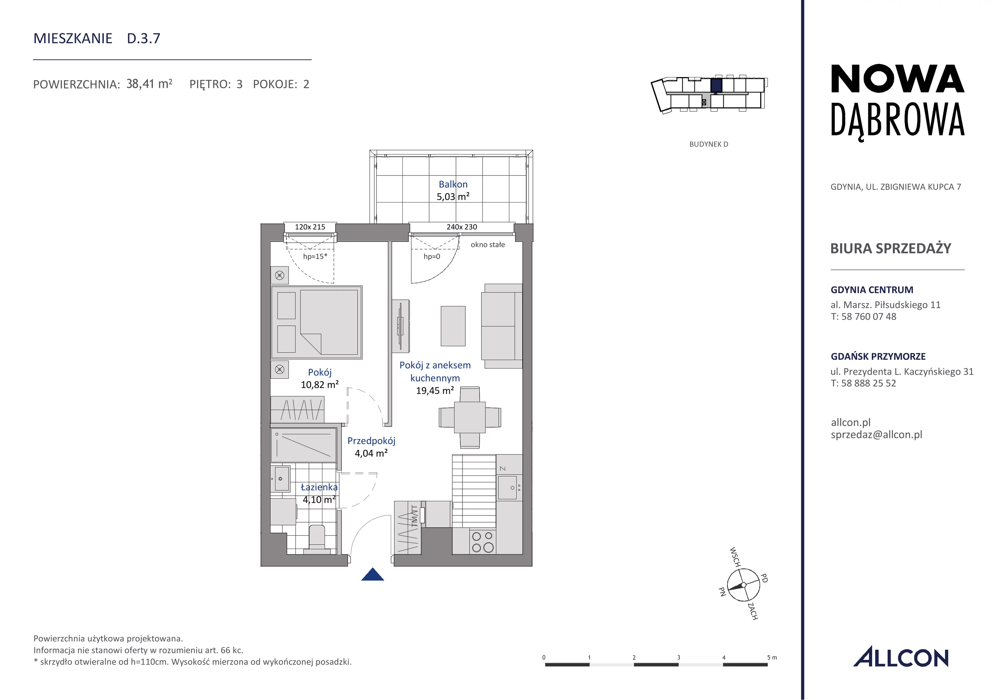 2 pokoje, mieszkanie 38,41 m², piętro 3, oferta nr D.3.7, Nowa Dąbrowa, Gdynia, Dąbrowa, ul. Rdestowa