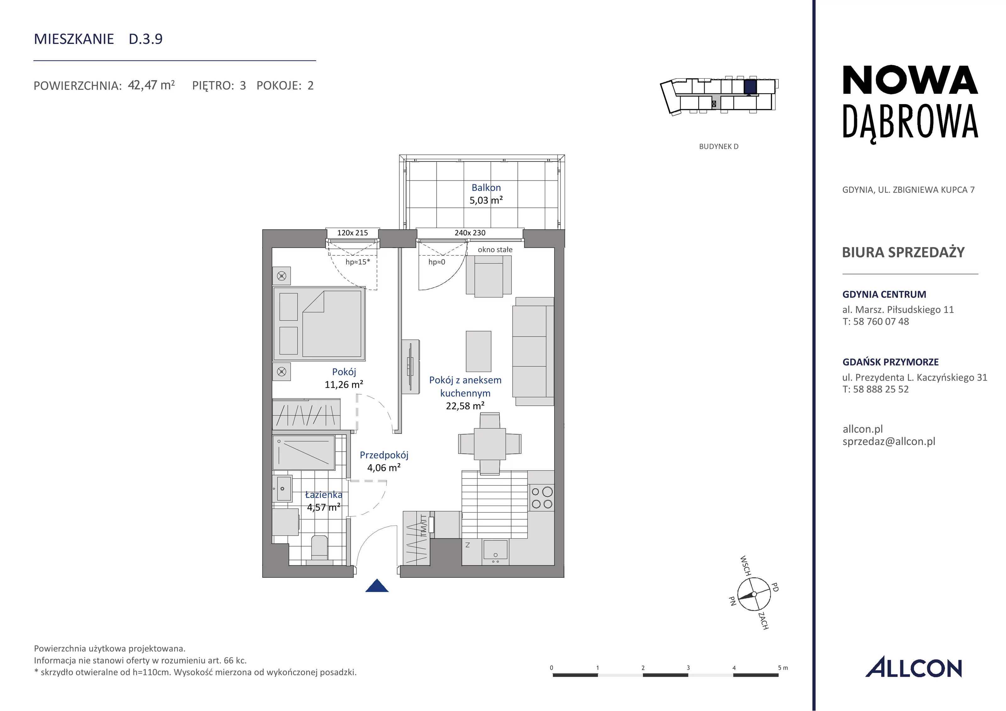 2 pokoje, mieszkanie 42,47 m², piętro 3, oferta nr D.3.9, Nowa Dąbrowa, Gdynia, Dąbrowa, ul. Rdestowa