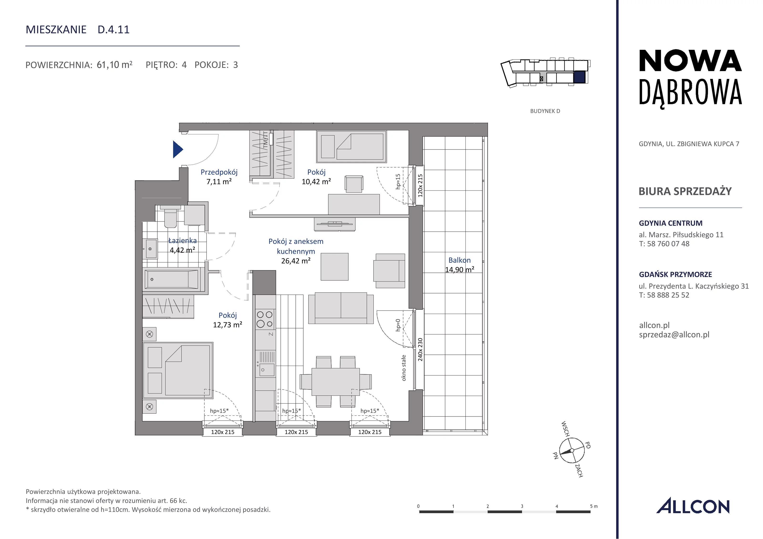 3 pokoje, mieszkanie 61,10 m², piętro 4, oferta nr D.4.11, Nowa Dąbrowa, Gdynia, Dąbrowa, ul. Rdestowa