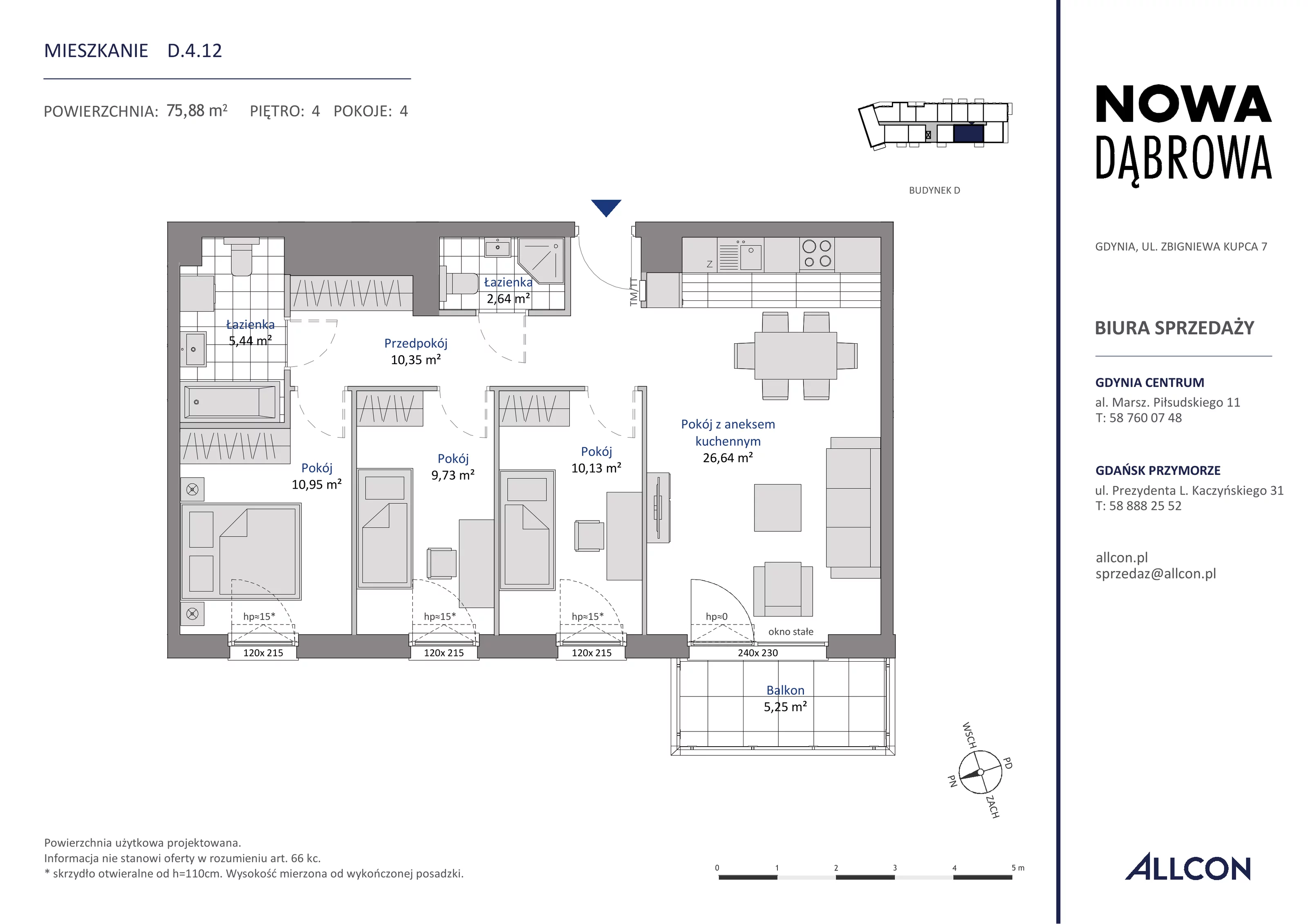 4 pokoje, mieszkanie 75,88 m², piętro 4, oferta nr D.4.12, Nowa Dąbrowa, Gdynia, Dąbrowa, ul. Rdestowa