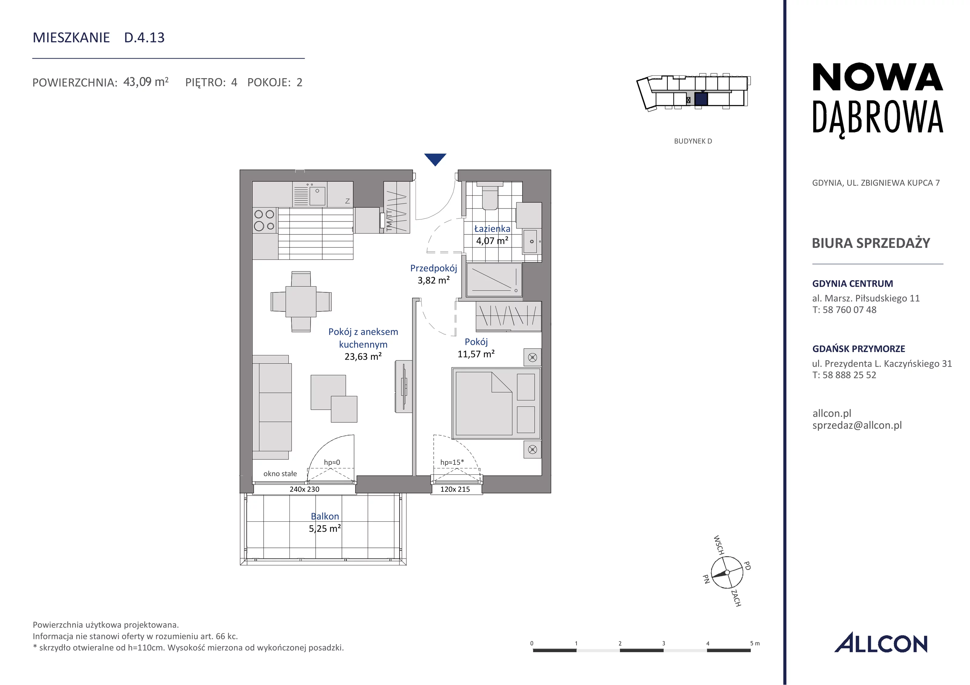 2 pokoje, mieszkanie 43,09 m², piętro 4, oferta nr D.4.13, Nowa Dąbrowa, Gdynia, Dąbrowa, ul. Rdestowa