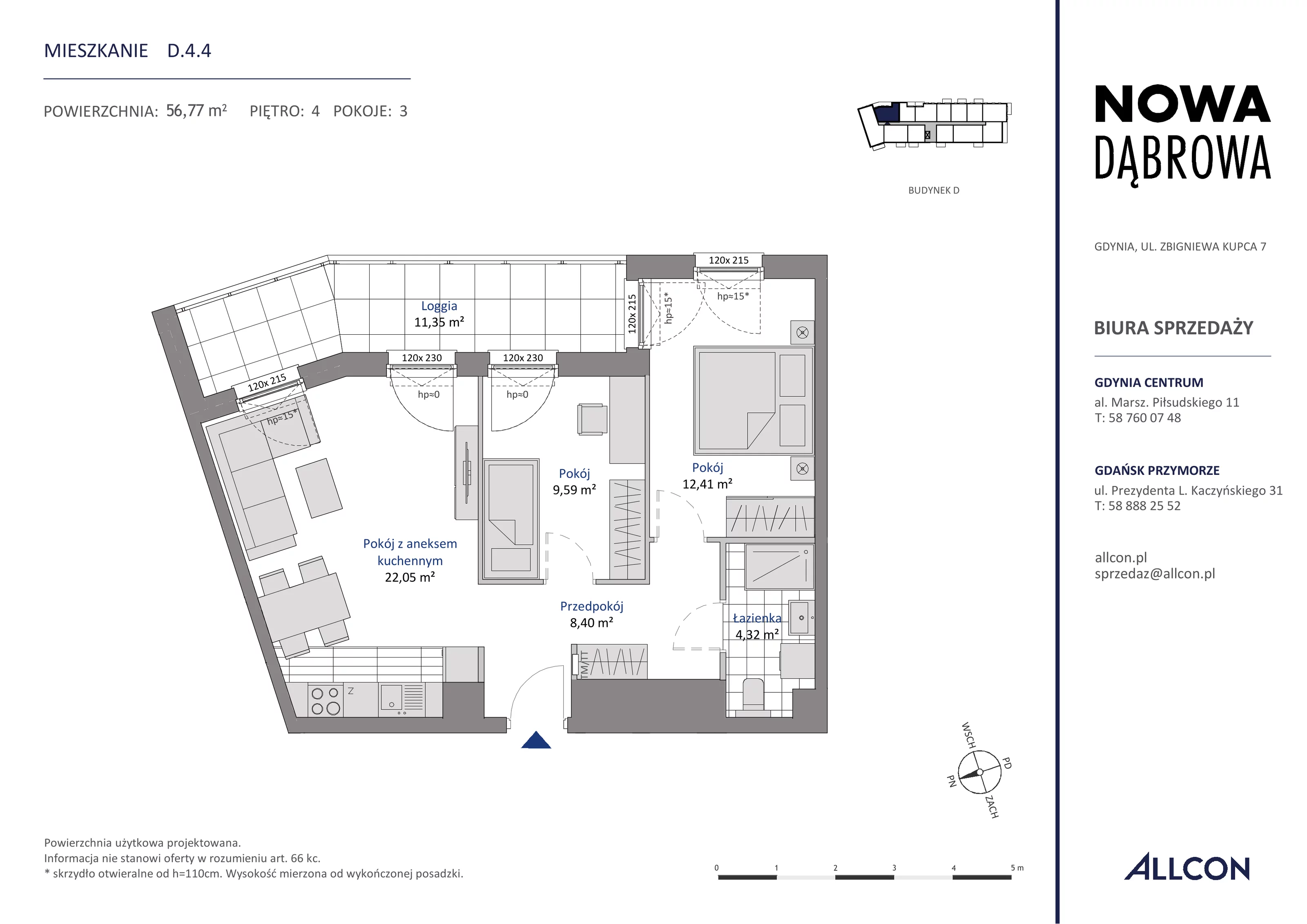 3 pokoje, mieszkanie 56,77 m², piętro 4, oferta nr D.4.4, Nowa Dąbrowa, Gdynia, Dąbrowa, ul. Rdestowa