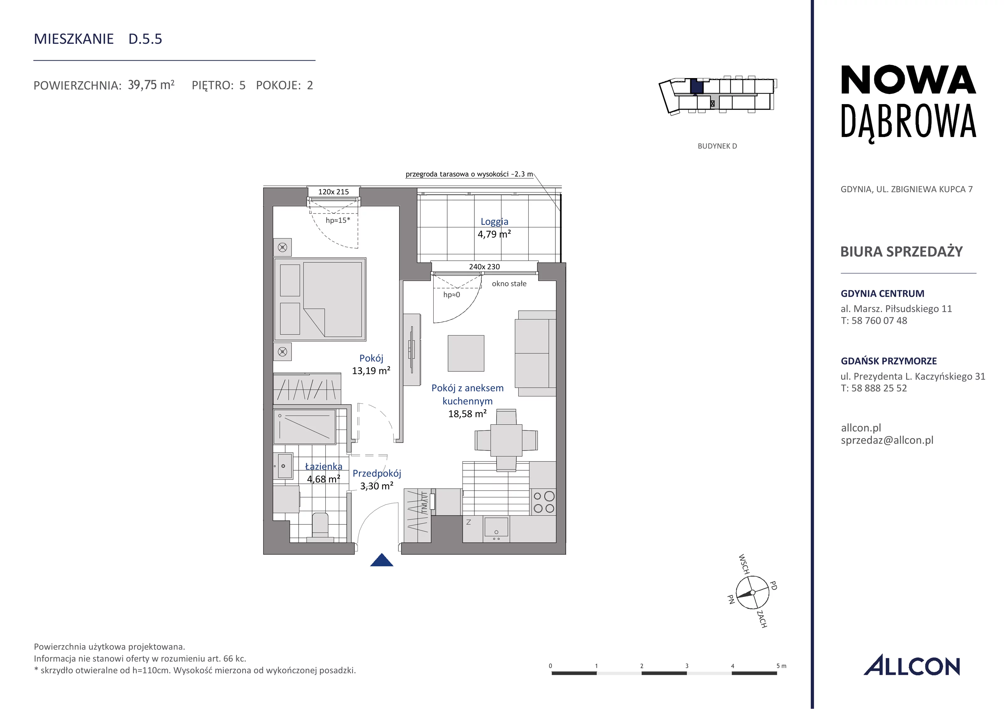 2 pokoje, mieszkanie 39,75 m², piętro 5, oferta nr D.5.5, Nowa Dąbrowa, Gdynia, Dąbrowa, ul. Rdestowa