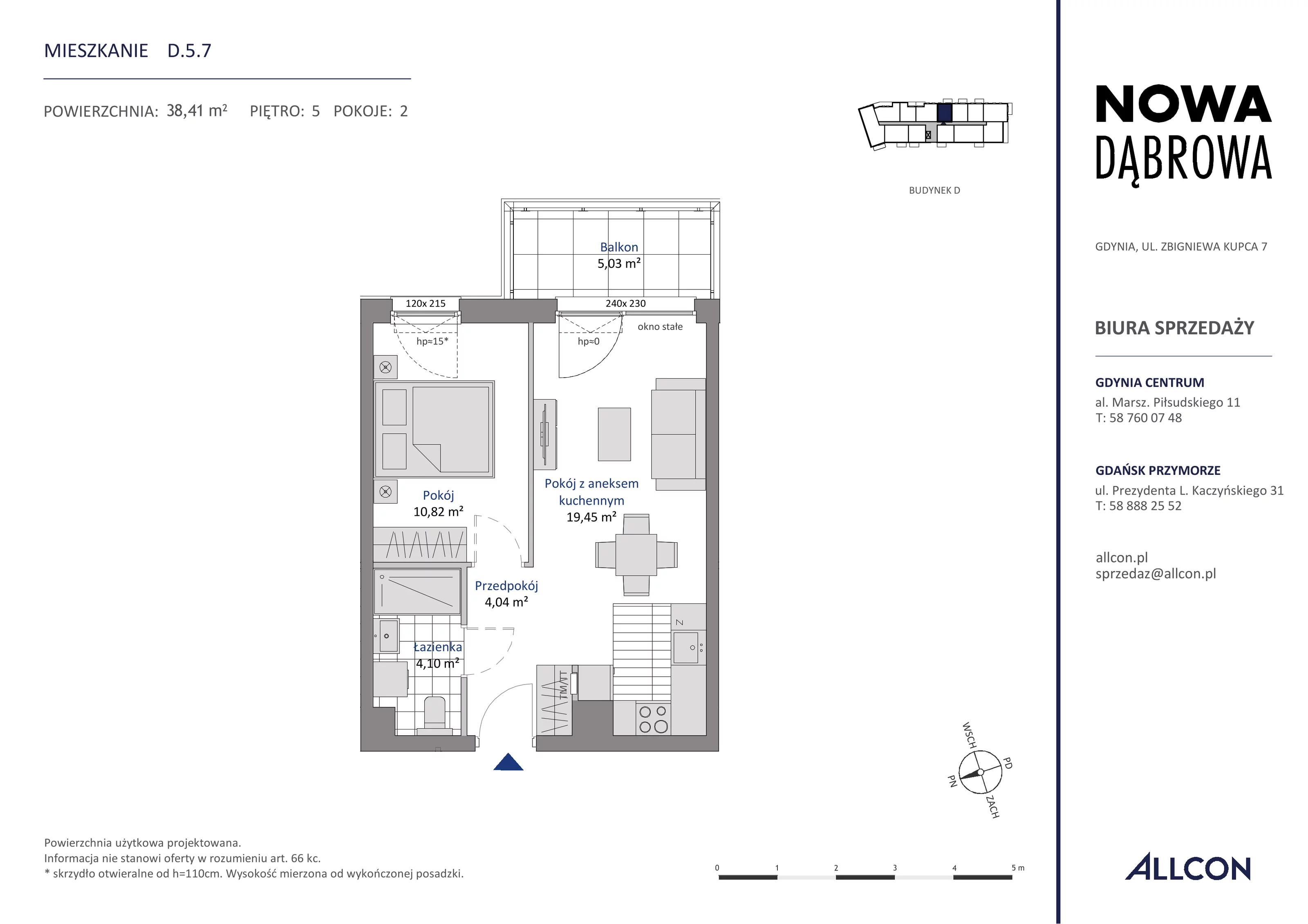 2 pokoje, mieszkanie 38,41 m², piętro 5, oferta nr D.5.7, Nowa Dąbrowa, Gdynia, Dąbrowa, ul. Rdestowa