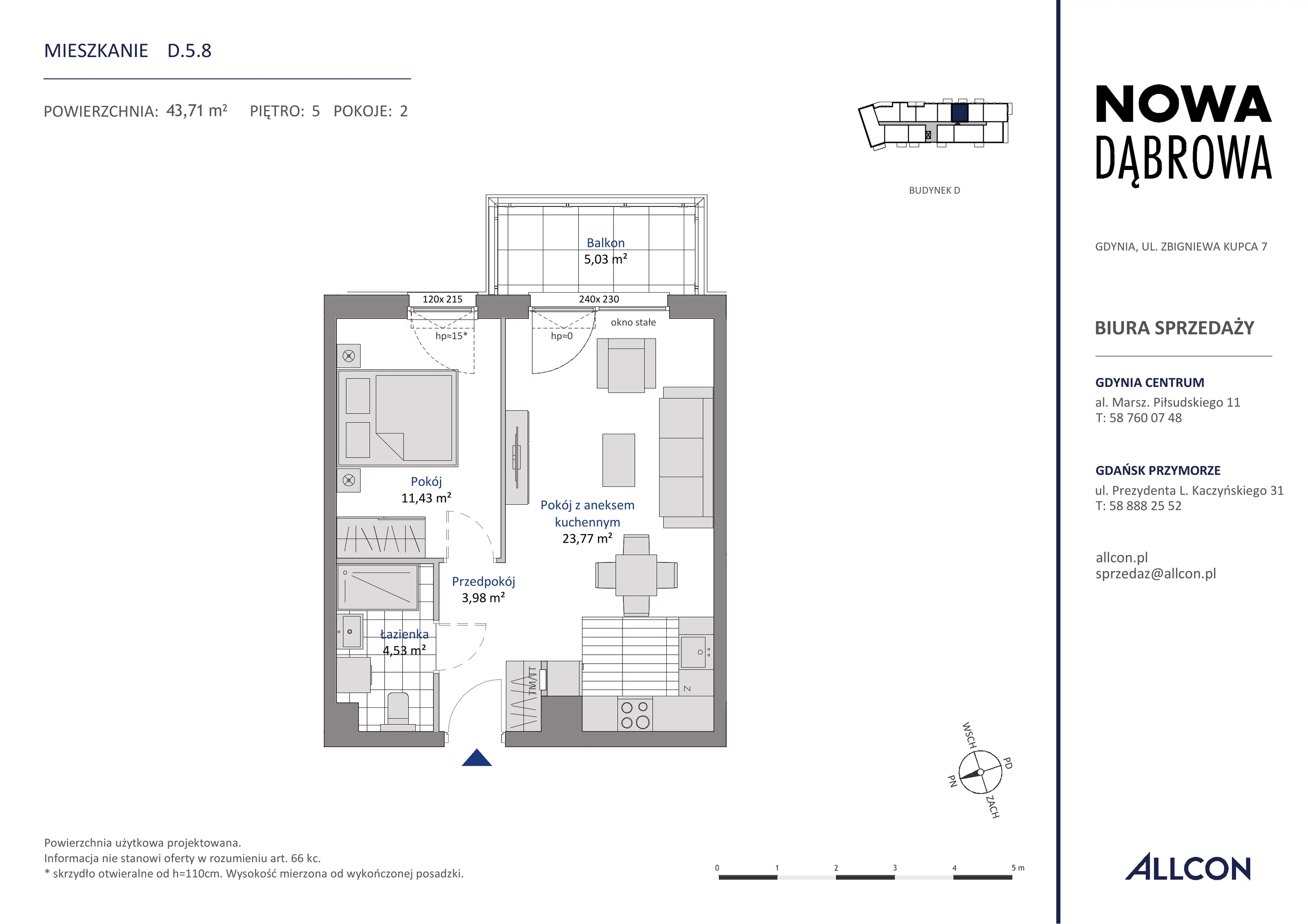 2 pokoje, mieszkanie 43,71 m², piętro 5, oferta nr D.5.8, Nowa Dąbrowa, Gdynia, Dąbrowa, ul. Rdestowa