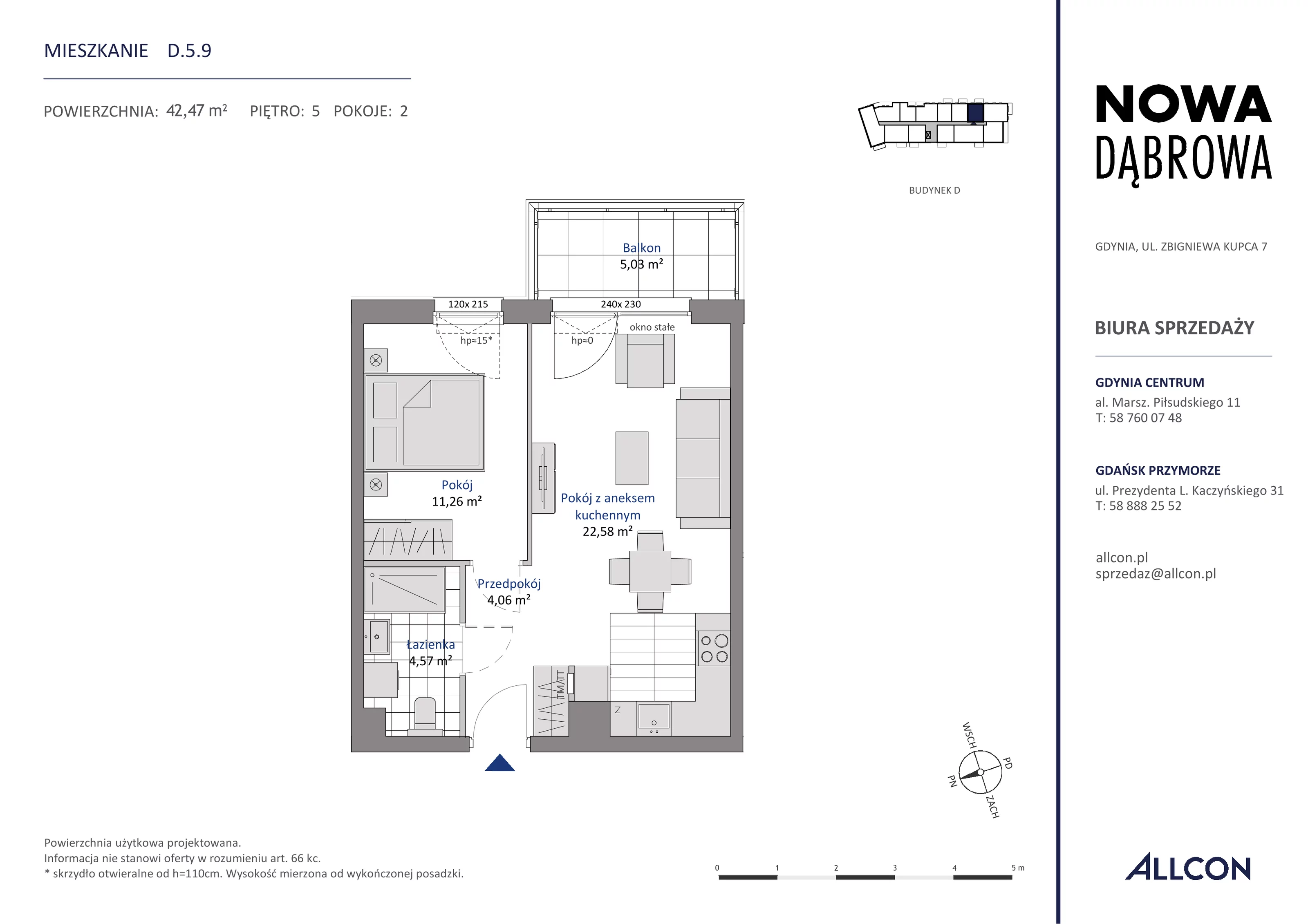 2 pokoje, mieszkanie 42,47 m², piętro 5, oferta nr D.5.9, Nowa Dąbrowa, Gdynia, Dąbrowa, ul. Rdestowa