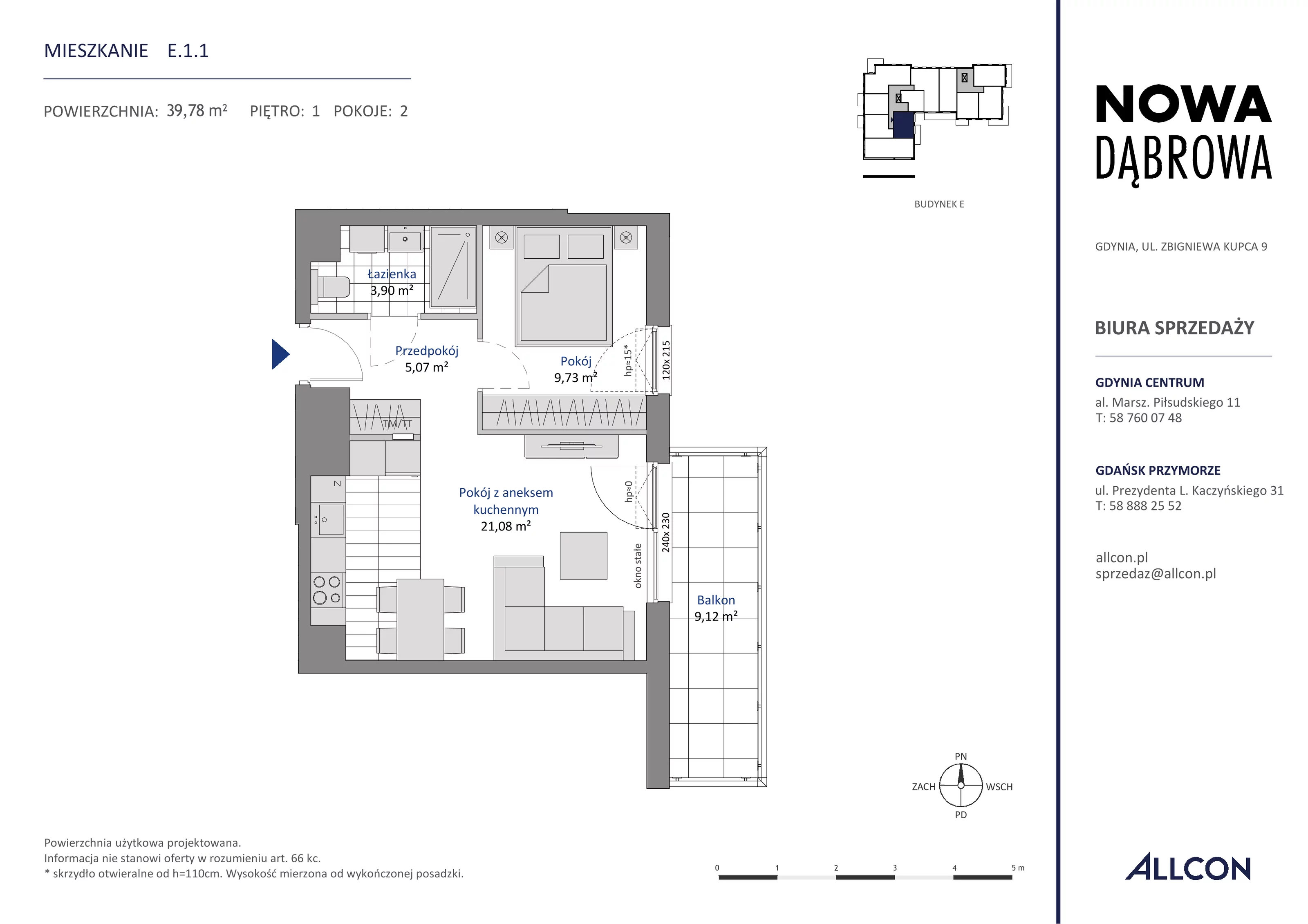 2 pokoje, mieszkanie 39,78 m², piętro 1, oferta nr E.1.1, Nowa Dąbrowa, Gdynia, Dąbrowa, ul. Rdestowa