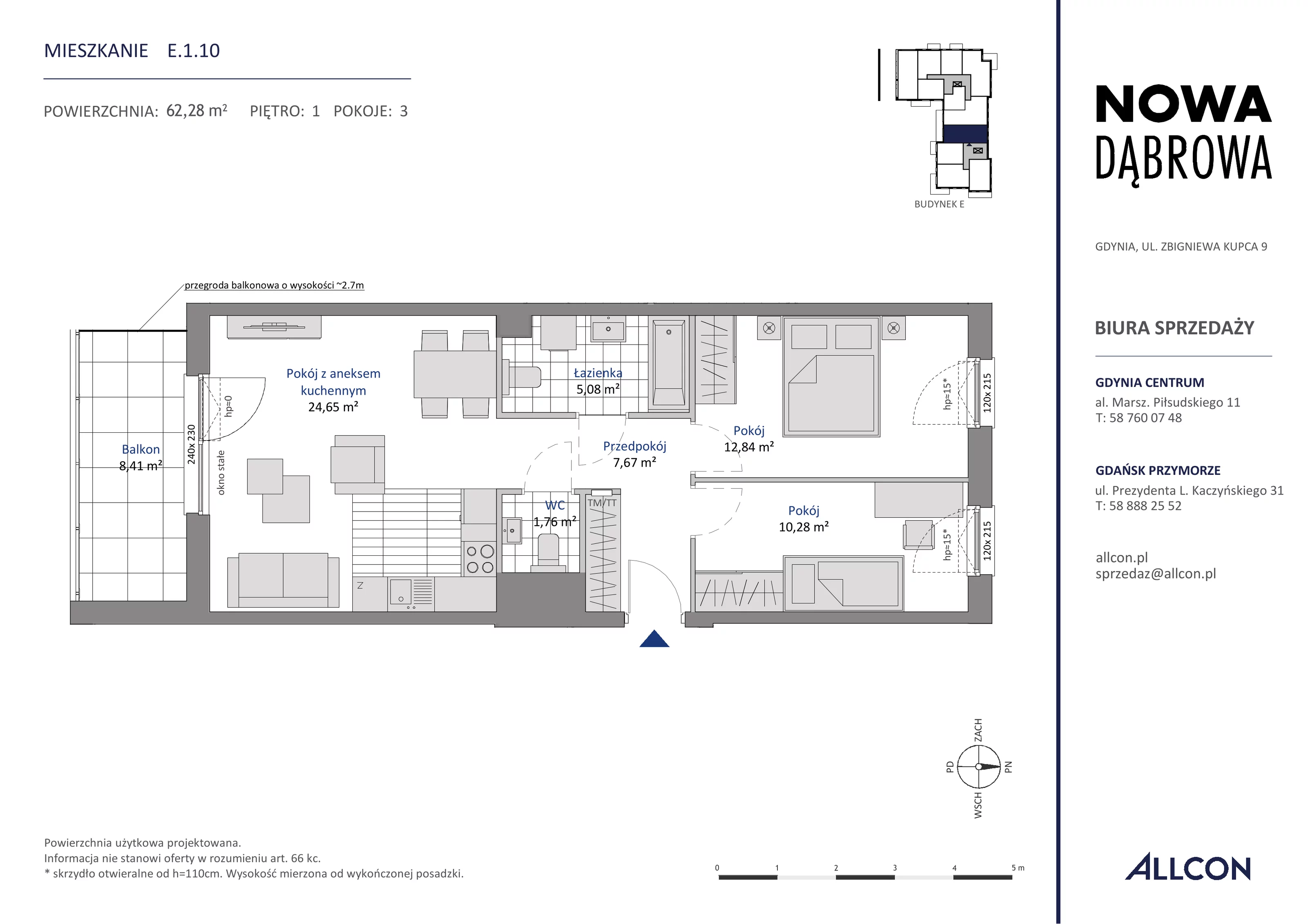 3 pokoje, mieszkanie 62,28 m², piętro 1, oferta nr E.1.10, Nowa Dąbrowa, Gdynia, Dąbrowa, ul. Rdestowa