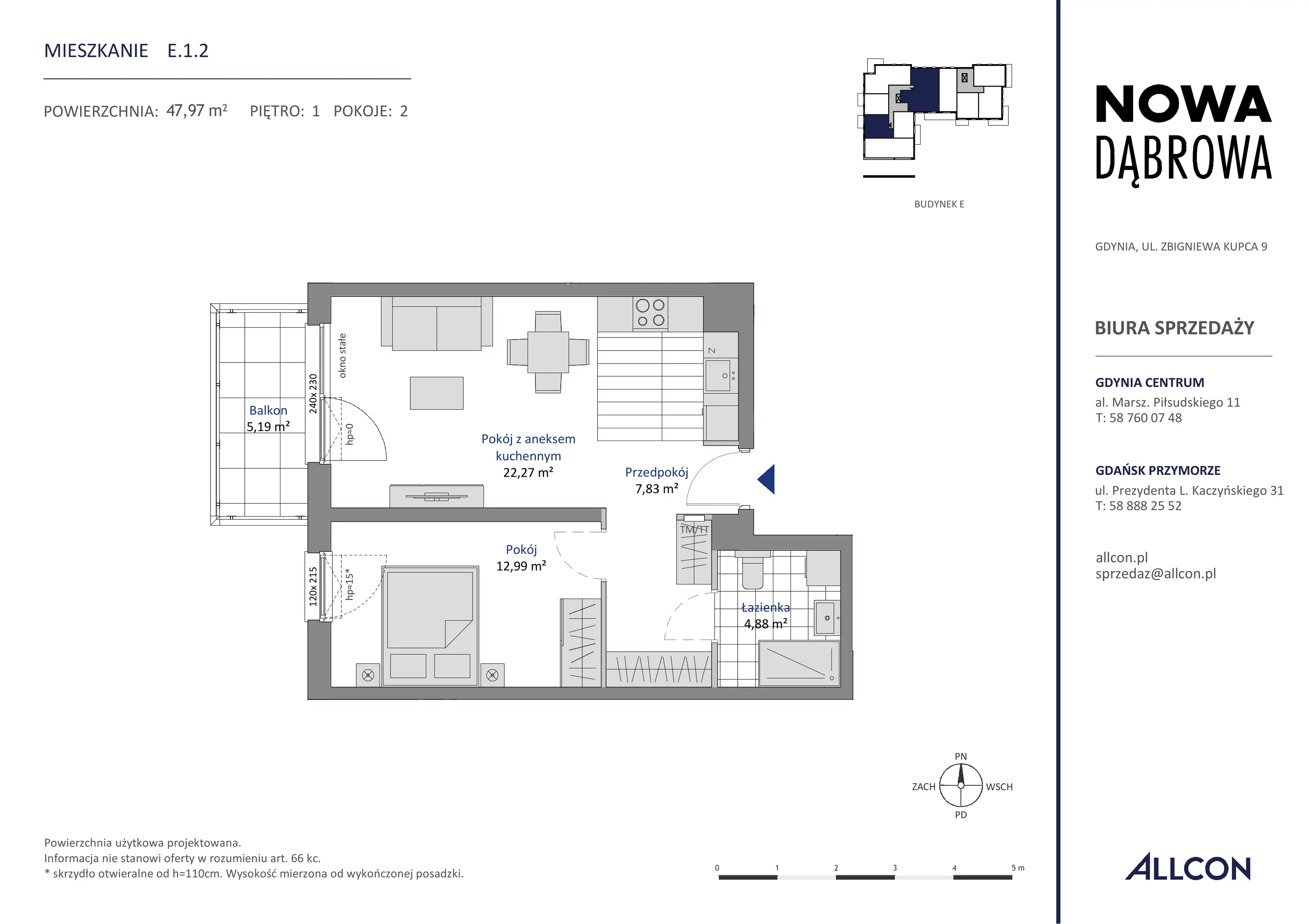 2 pokoje, mieszkanie 47,97 m², piętro 1, oferta nr E.1.2, Nowa Dąbrowa, Gdynia, Dąbrowa, ul. Rdestowa