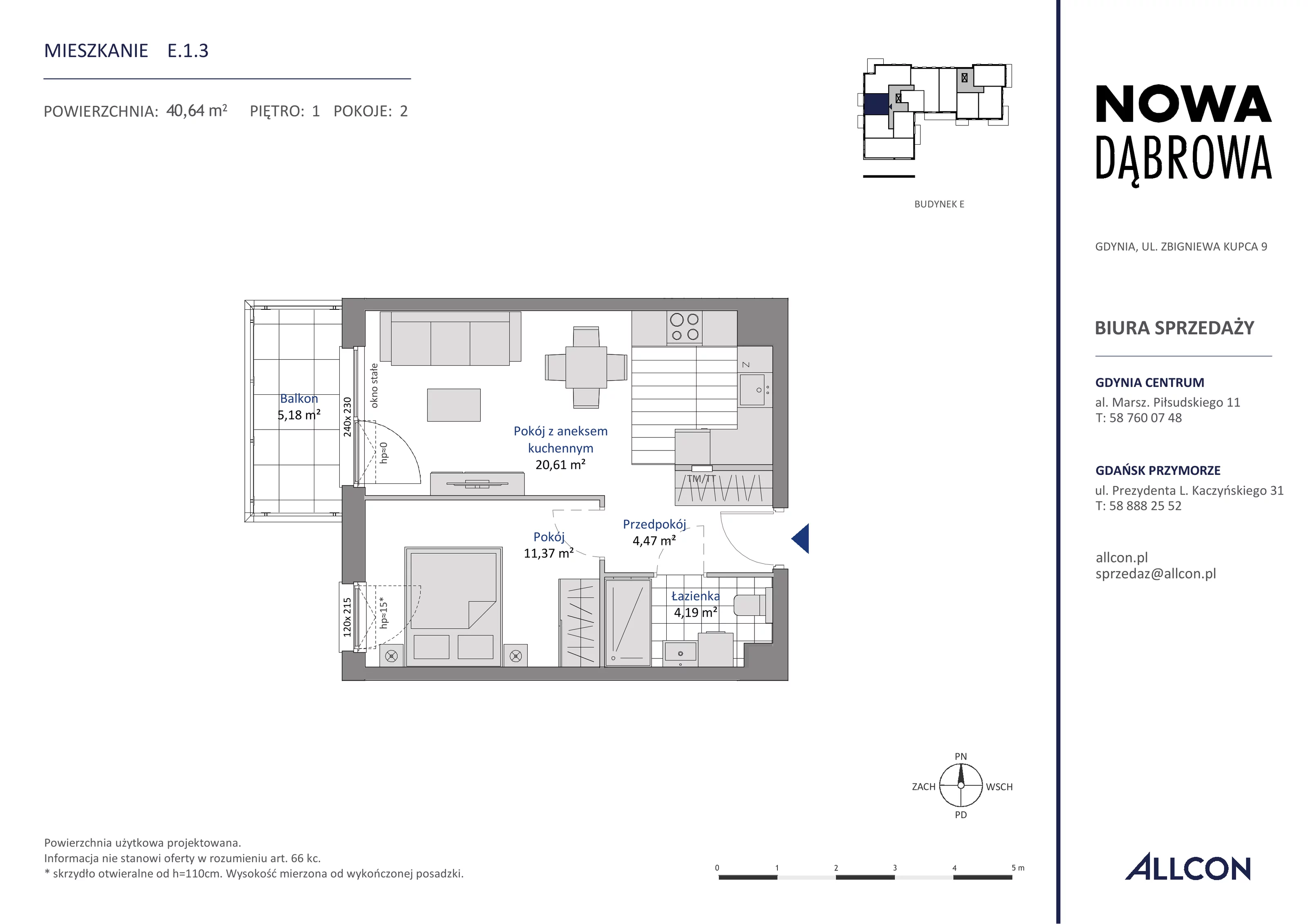 2 pokoje, mieszkanie 40,64 m², piętro 1, oferta nr E.1.3, Nowa Dąbrowa, Gdynia, Dąbrowa, ul. Rdestowa