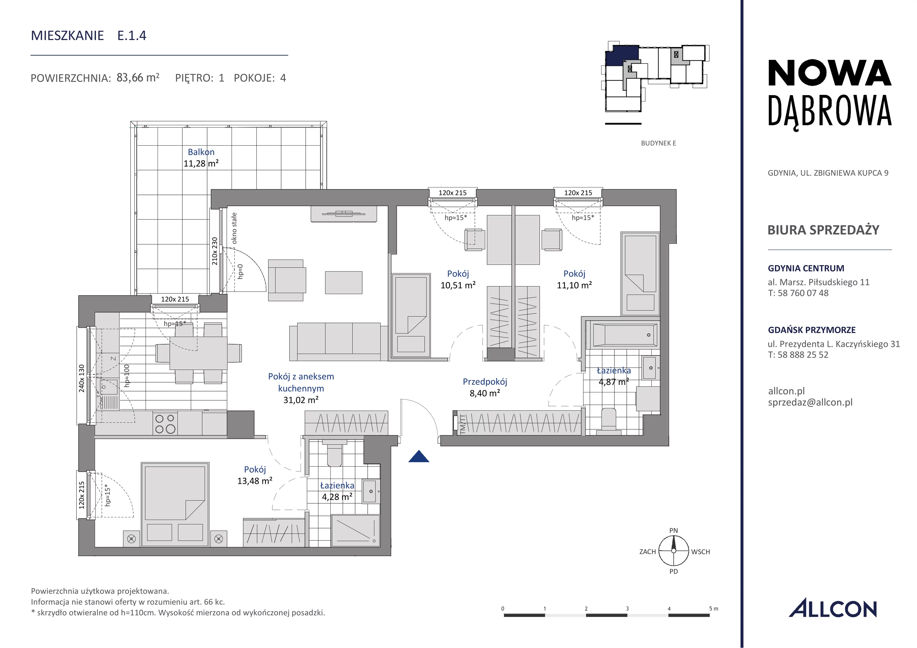 4 pokoje, mieszkanie 83,66 m², piętro 1, oferta nr E.1.4, Nowa Dąbrowa, Gdynia, Dąbrowa, ul. Rdestowa