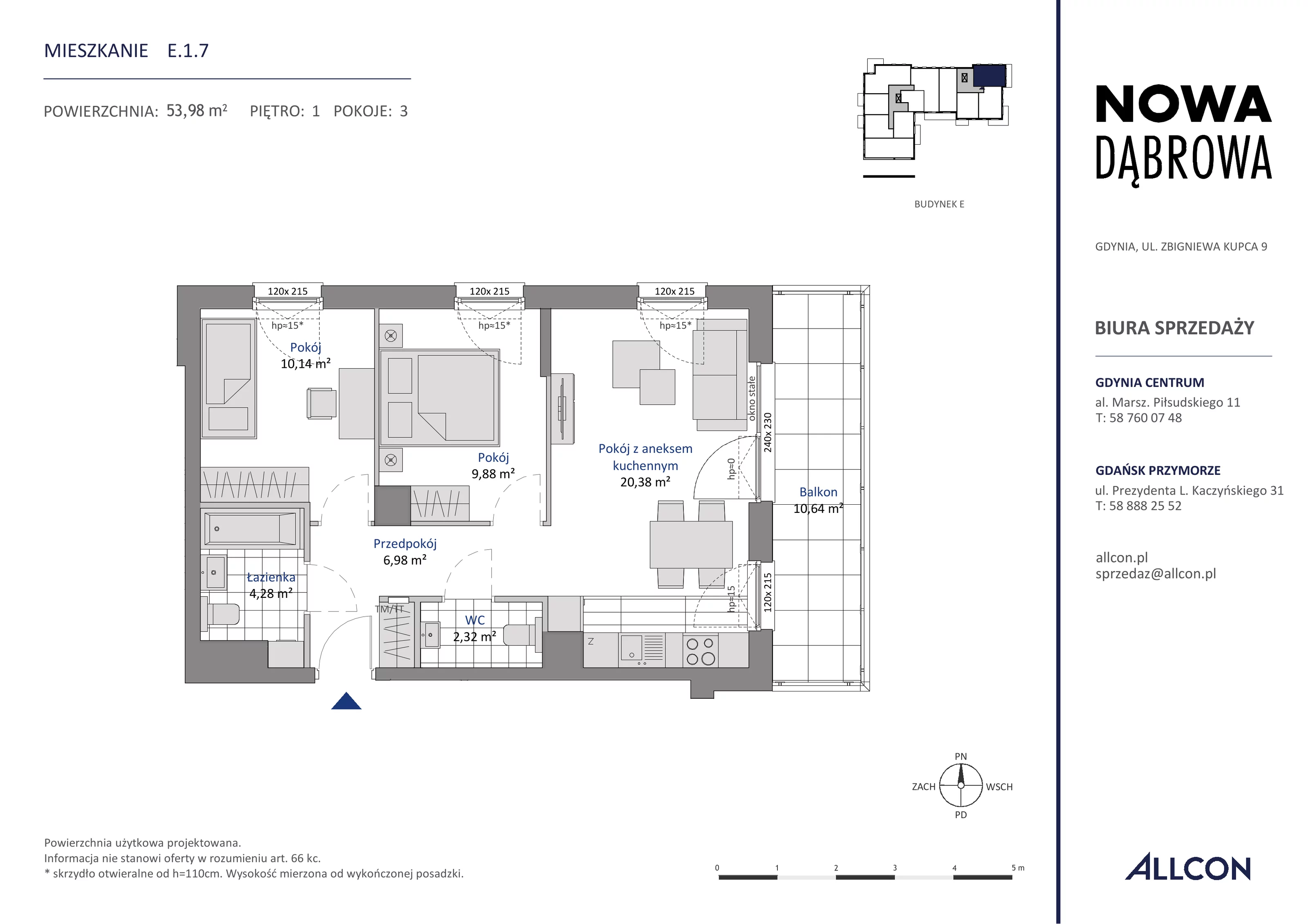 3 pokoje, mieszkanie 53,98 m², piętro 1, oferta nr E.1.7, Nowa Dąbrowa, Gdynia, Dąbrowa, ul. Rdestowa