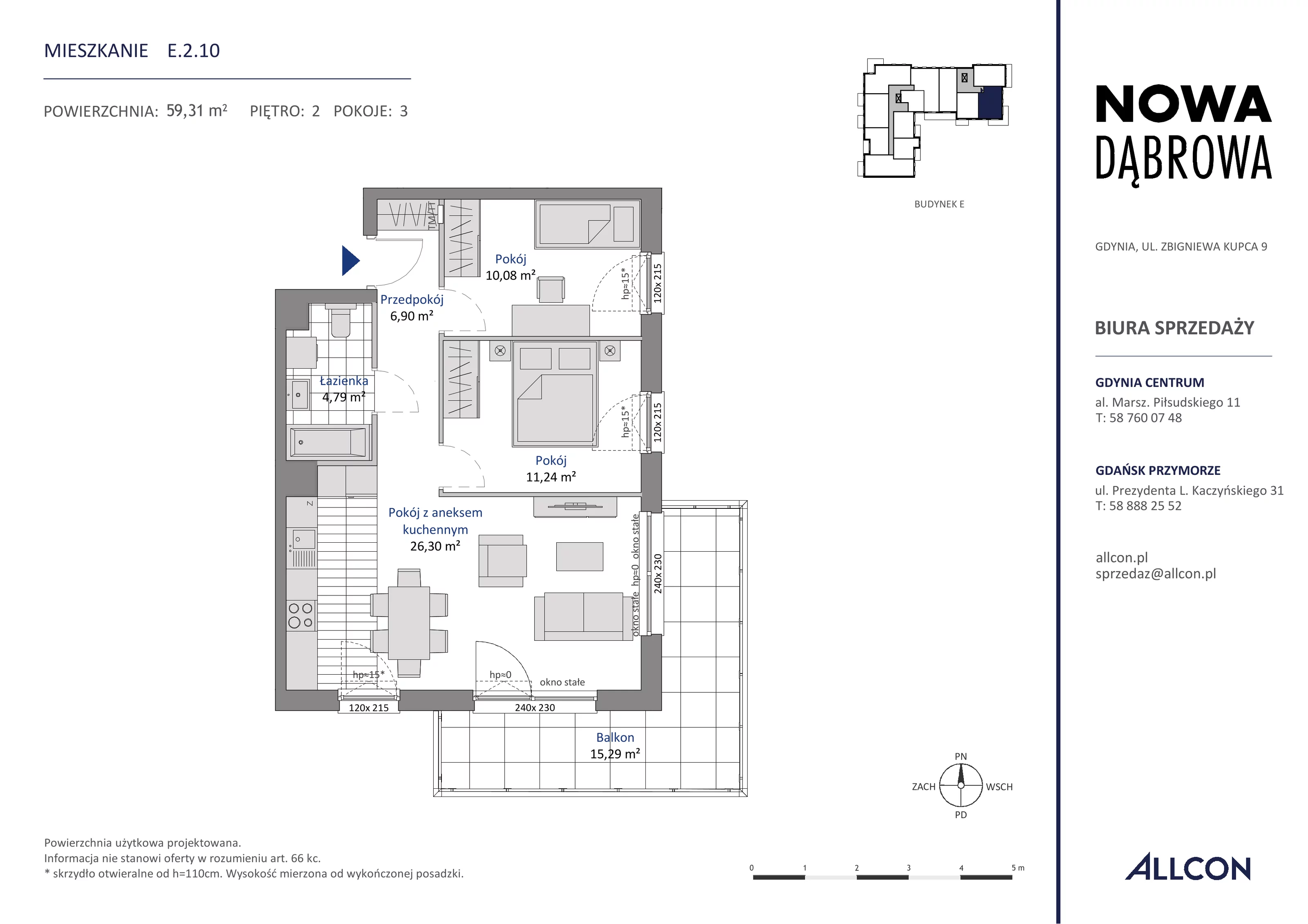 3 pokoje, mieszkanie 59,31 m², piętro 2, oferta nr E.2.10, Nowa Dąbrowa, Gdynia, Dąbrowa, ul. Rdestowa