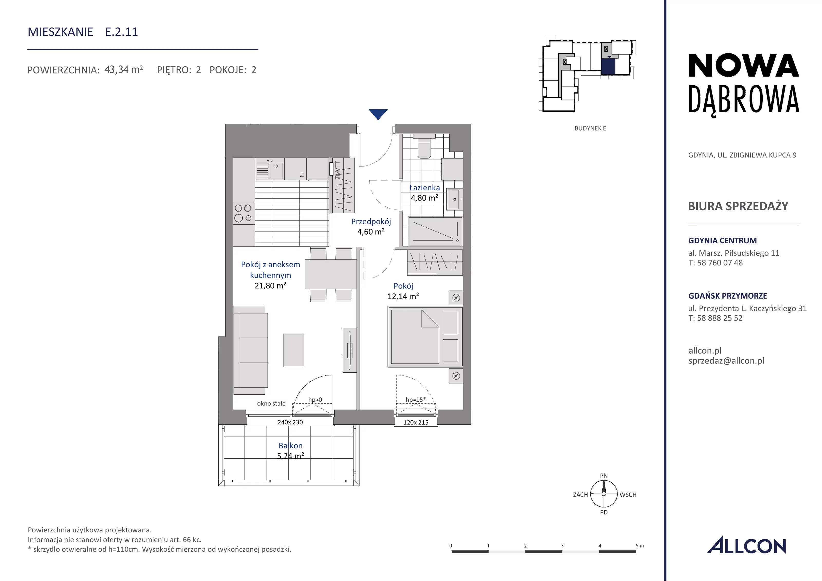 2 pokoje, mieszkanie 43,34 m², piętro 2, oferta nr E.2.11, Nowa Dąbrowa, Gdynia, Dąbrowa, ul. Rdestowa