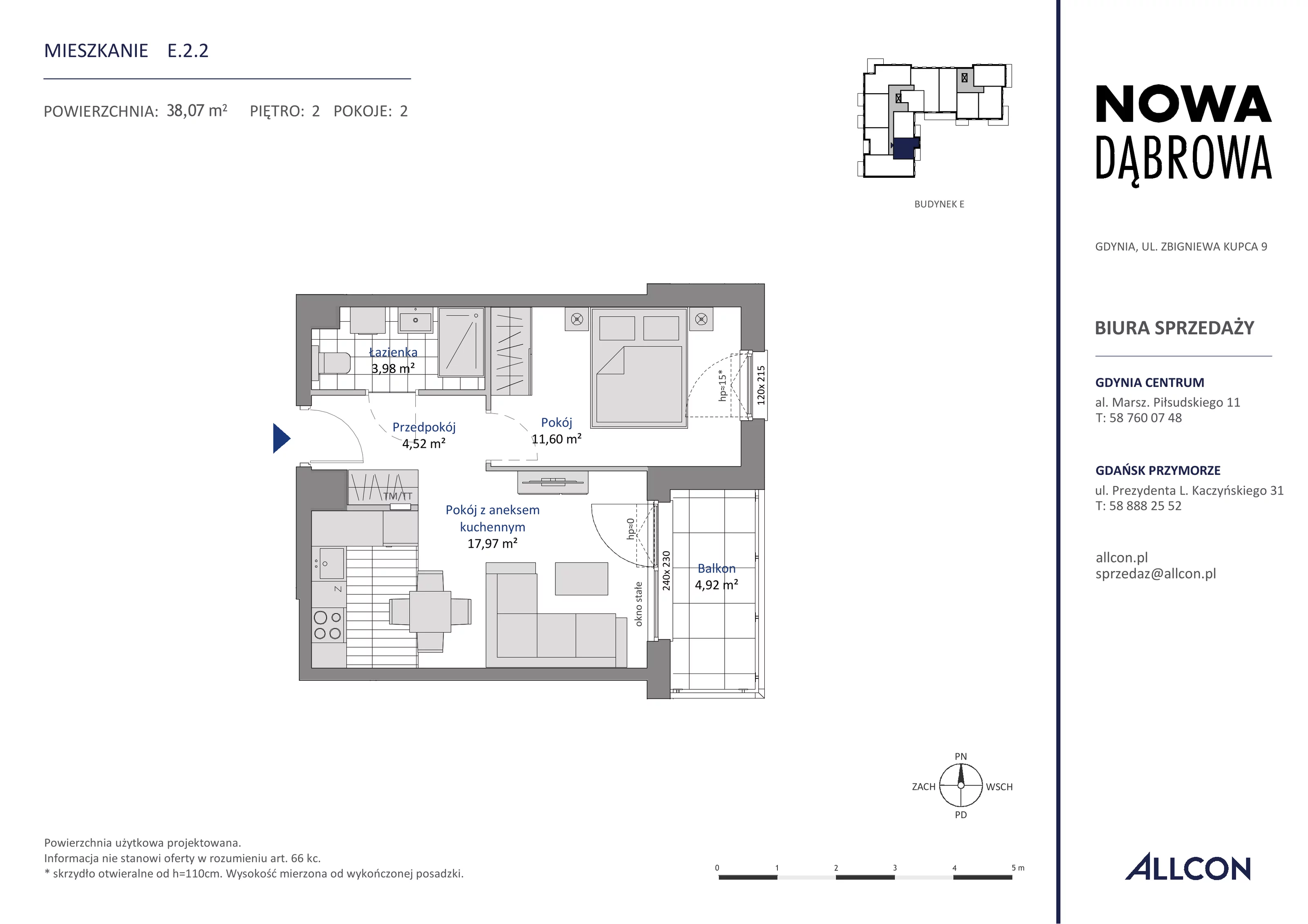 2 pokoje, mieszkanie 38,07 m², piętro 2, oferta nr E.2.2, Nowa Dąbrowa, Gdynia, Dąbrowa, ul. Rdestowa