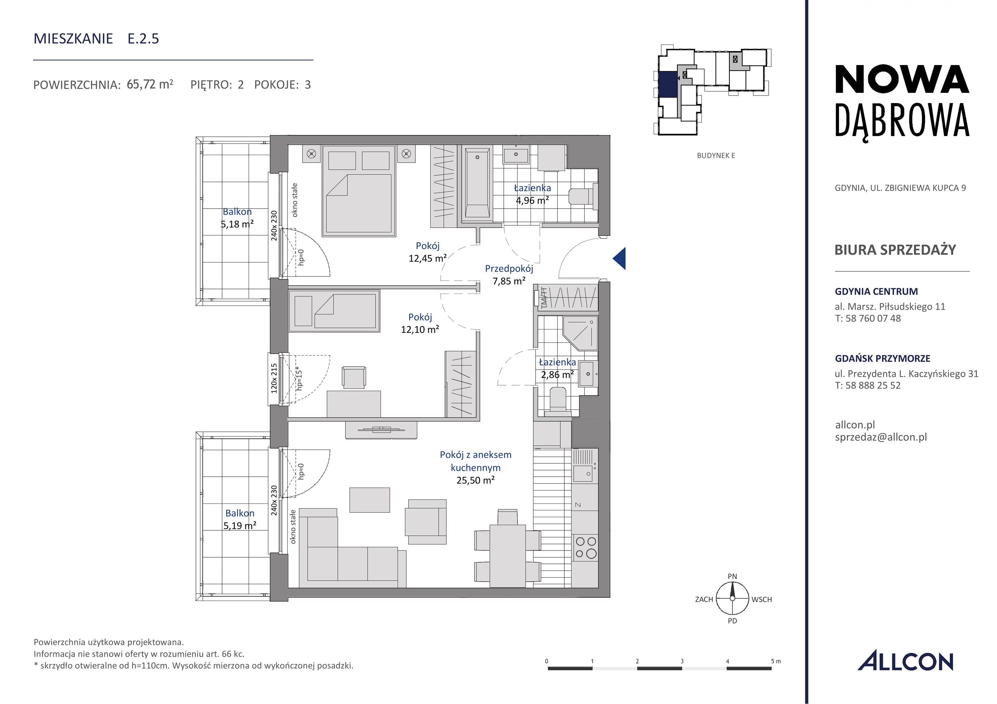 3 pokoje, mieszkanie 65,72 m², piętro 2, oferta nr E.2.5, Nowa Dąbrowa, Gdynia, Dąbrowa, ul. Rdestowa