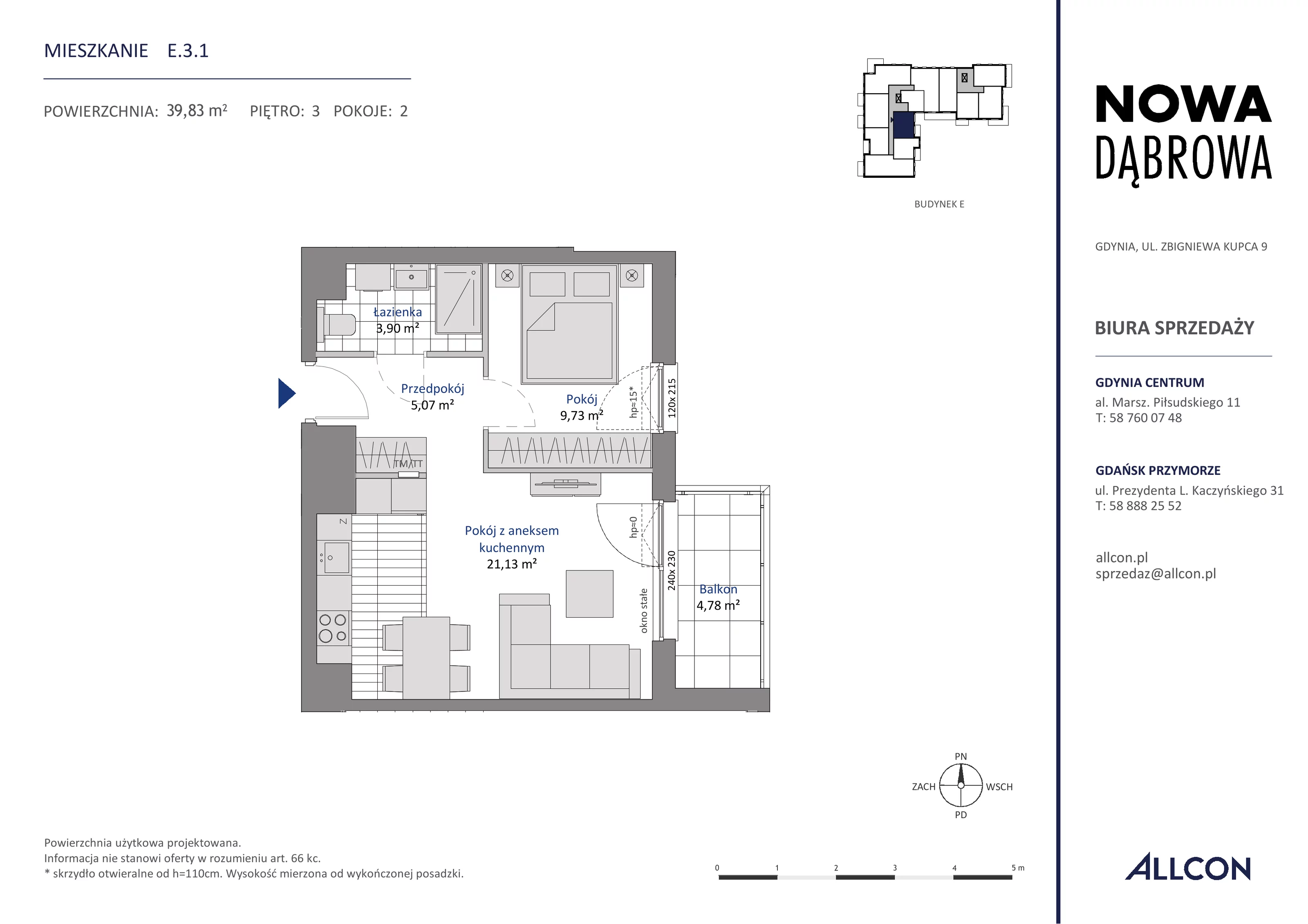 2 pokoje, mieszkanie 39,83 m², piętro 3, oferta nr E.3.1, Nowa Dąbrowa, Gdynia, Dąbrowa, ul. Rdestowa