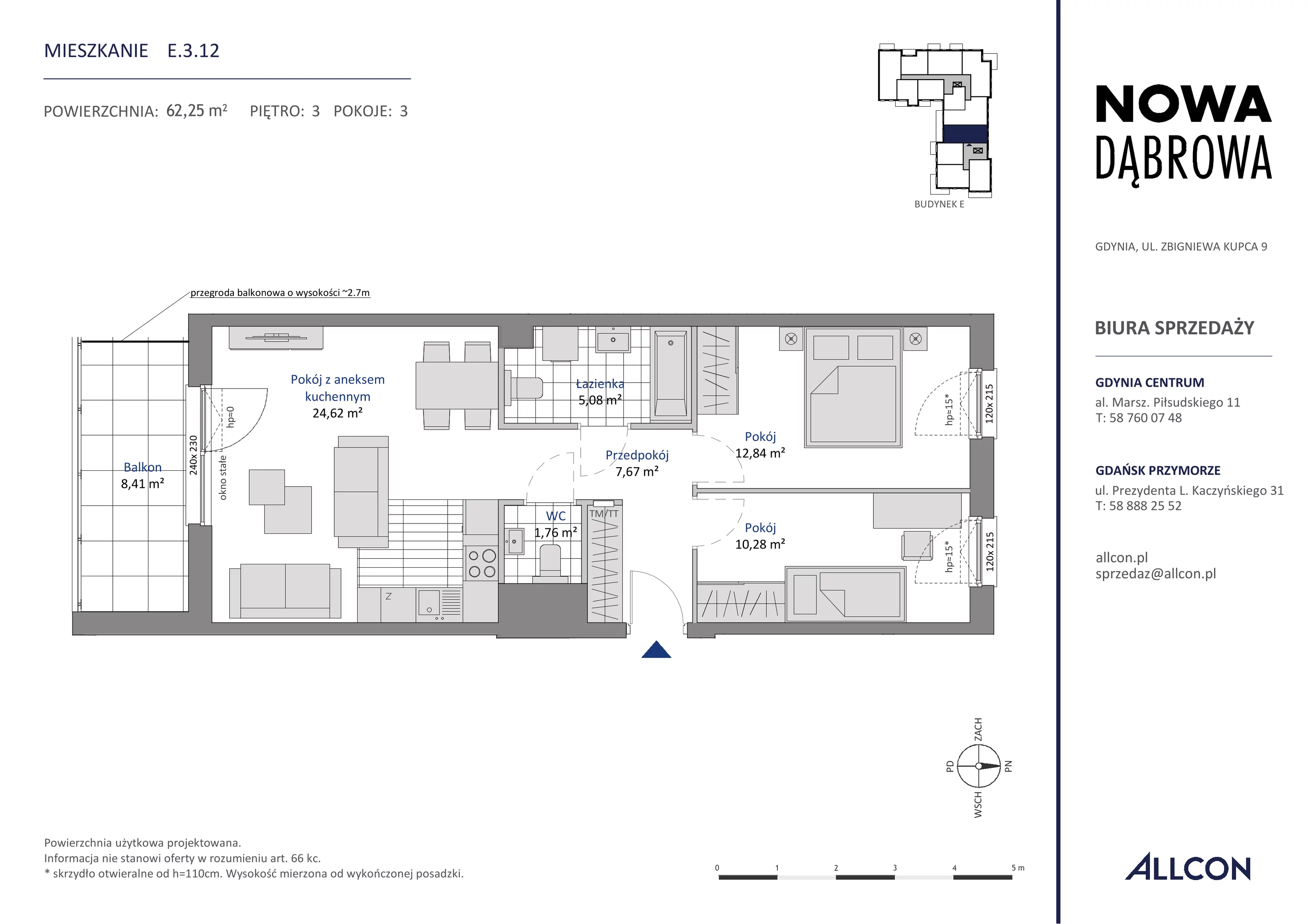 3 pokoje, mieszkanie 62,25 m², piętro 3, oferta nr E.3.12, Nowa Dąbrowa, Gdynia, Dąbrowa, ul. Rdestowa