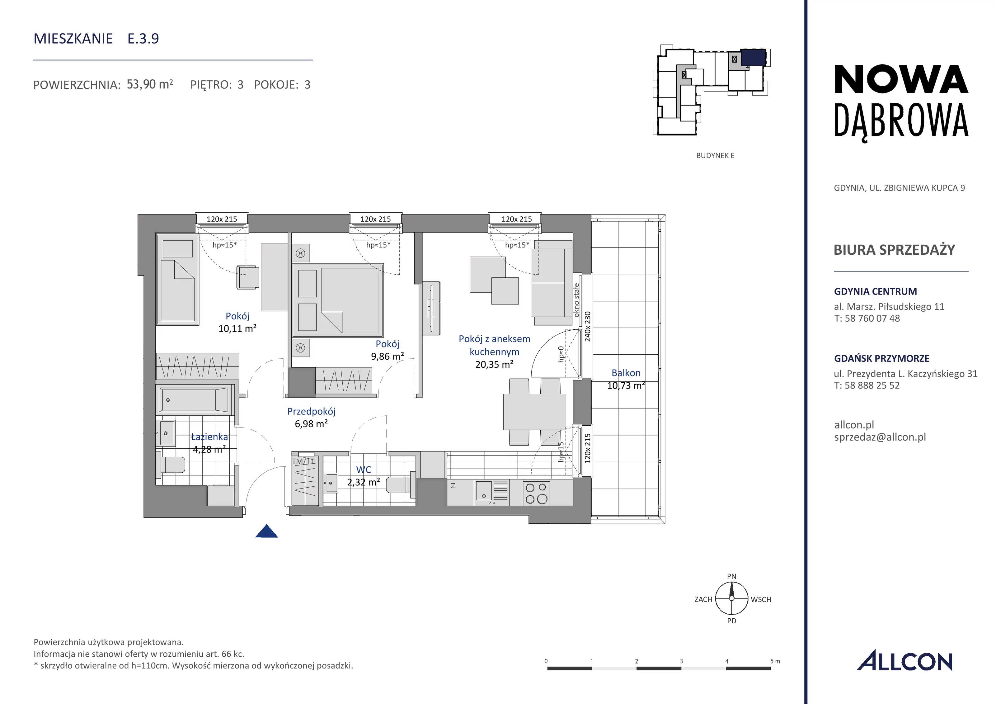 3 pokoje, mieszkanie 53,90 m², piętro 3, oferta nr E.3.9, Nowa Dąbrowa, Gdynia, Dąbrowa, ul. Rdestowa