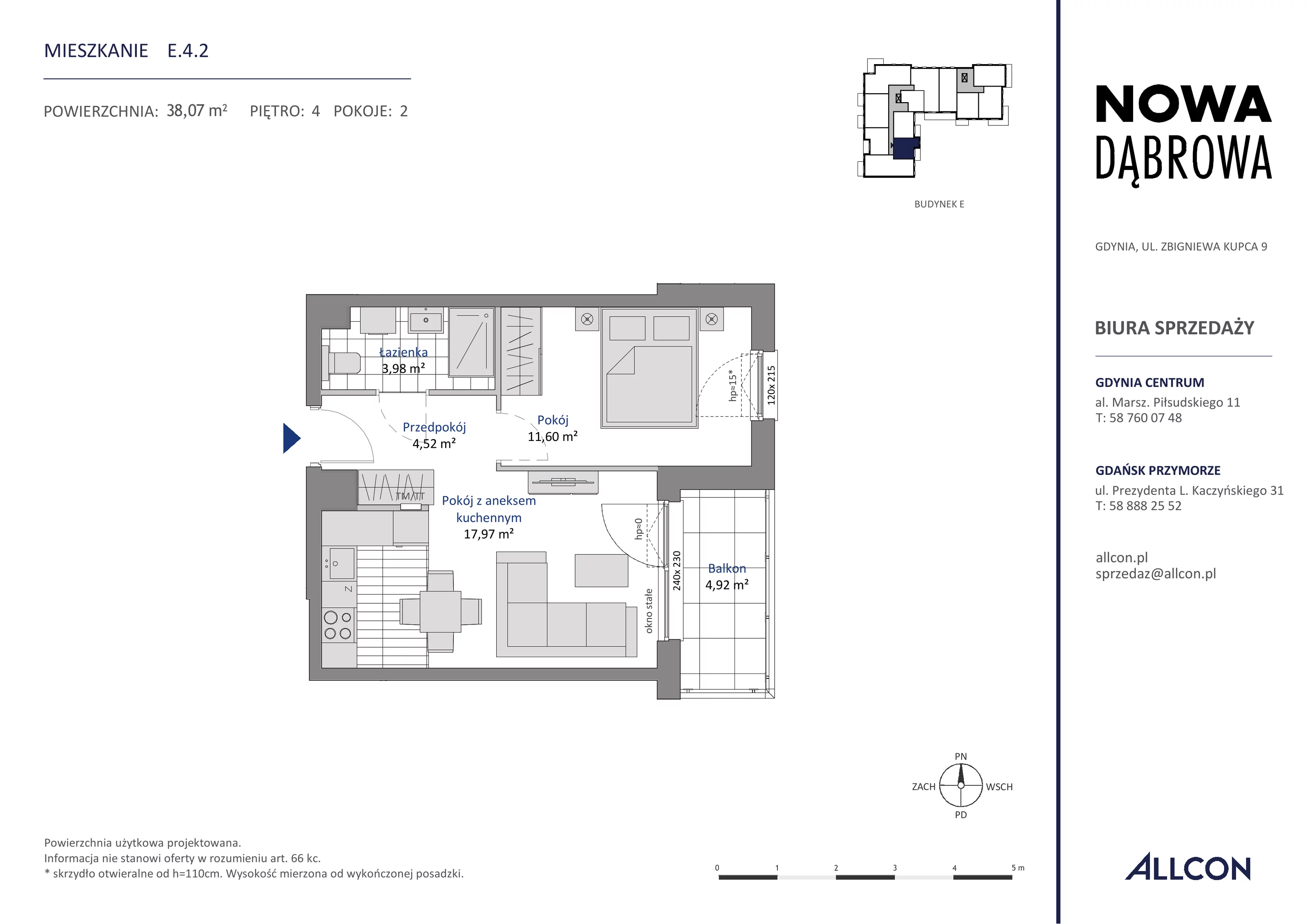 2 pokoje, mieszkanie 38,07 m², piętro 4, oferta nr E.4.2, Nowa Dąbrowa, Gdynia, Dąbrowa, ul. Rdestowa