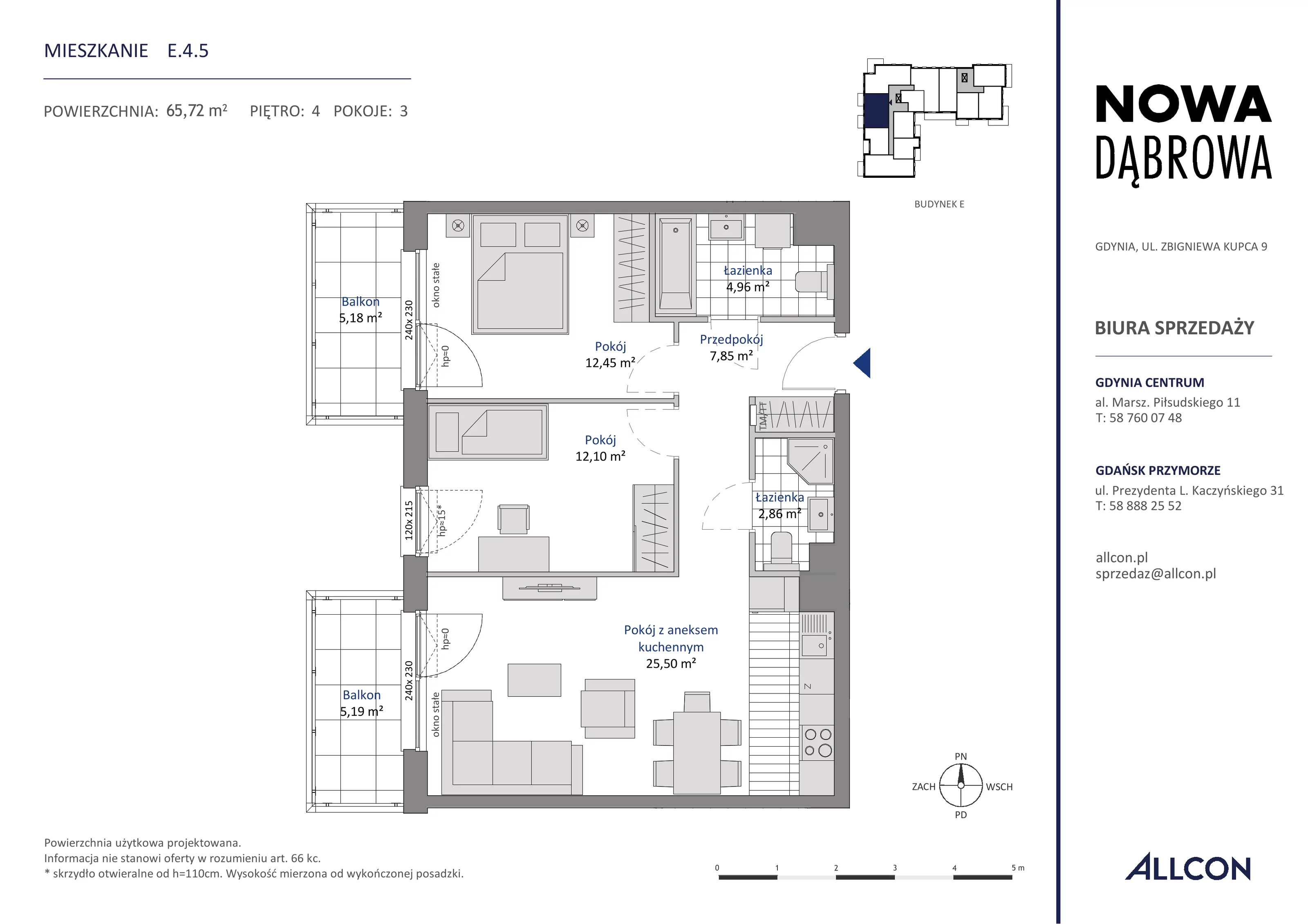 3 pokoje, mieszkanie 65,72 m², piętro 4, oferta nr E.4.5, Nowa Dąbrowa, Gdynia, Dąbrowa, ul. Rdestowa