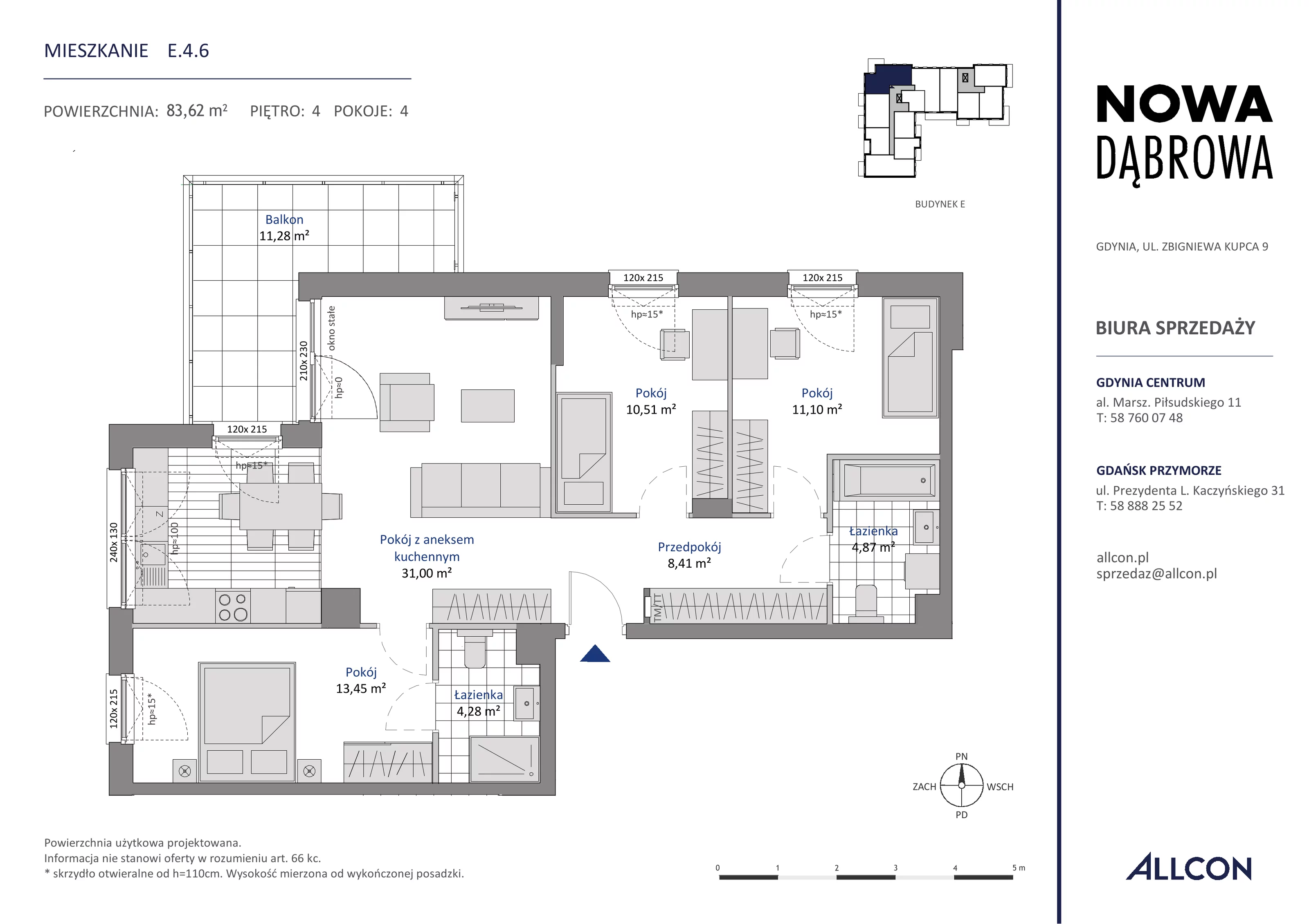 4 pokoje, mieszkanie 83,62 m², piętro 4, oferta nr E.4.6, Nowa Dąbrowa, Gdynia, Dąbrowa, ul. Rdestowa