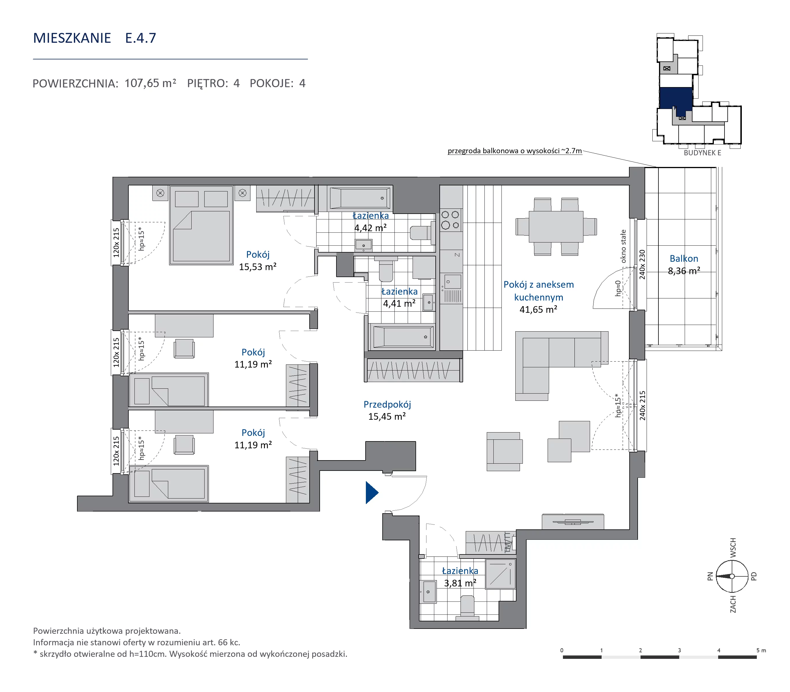 4 pokoje, mieszkanie 107,65 m², piętro 4, oferta nr E.4.7, Nowa Dąbrowa, Gdynia, Dąbrowa, ul. Rdestowa