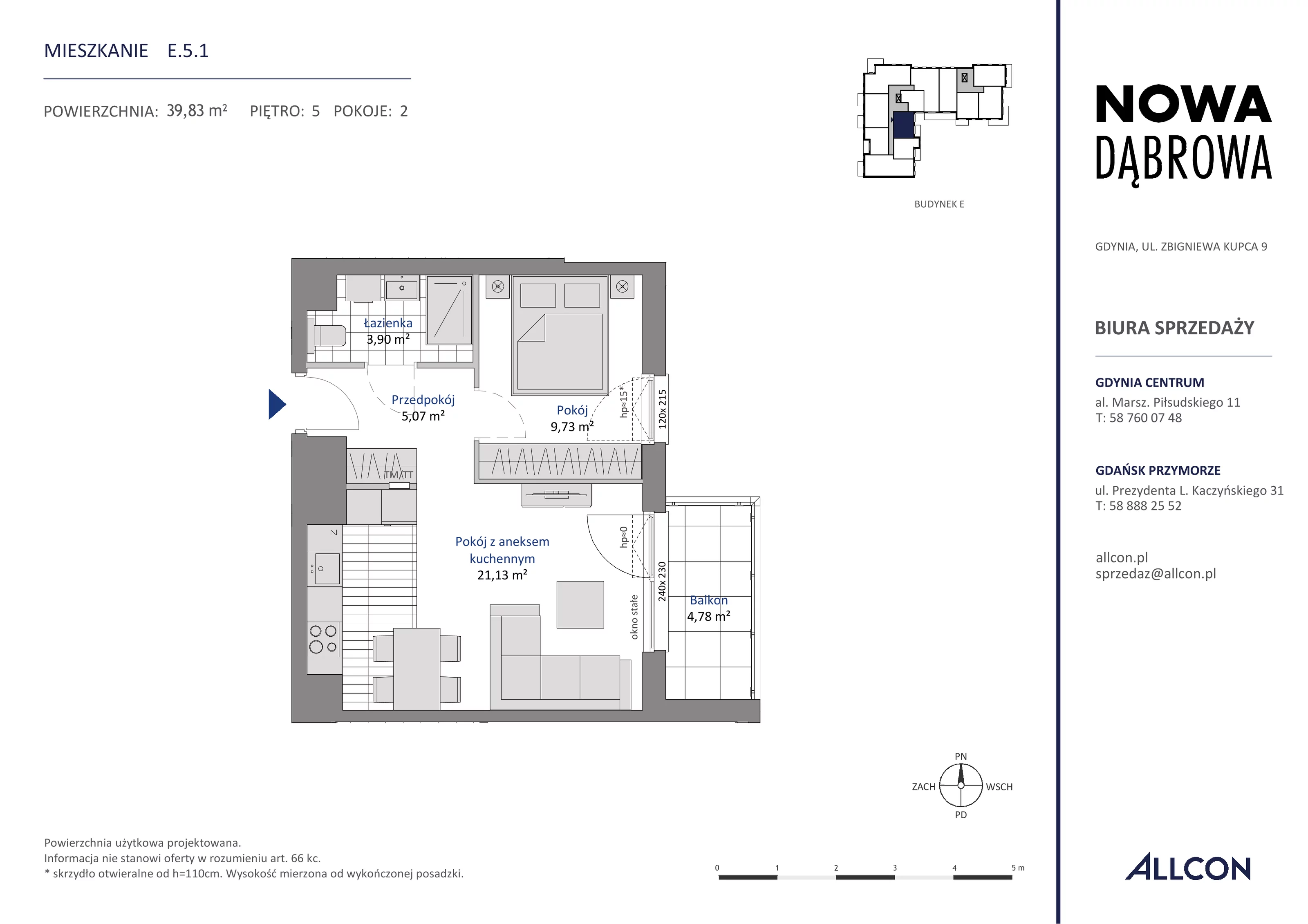 2 pokoje, mieszkanie 39,83 m², piętro 5, oferta nr E.5.1, Nowa Dąbrowa, Gdynia, Dąbrowa, ul. Rdestowa