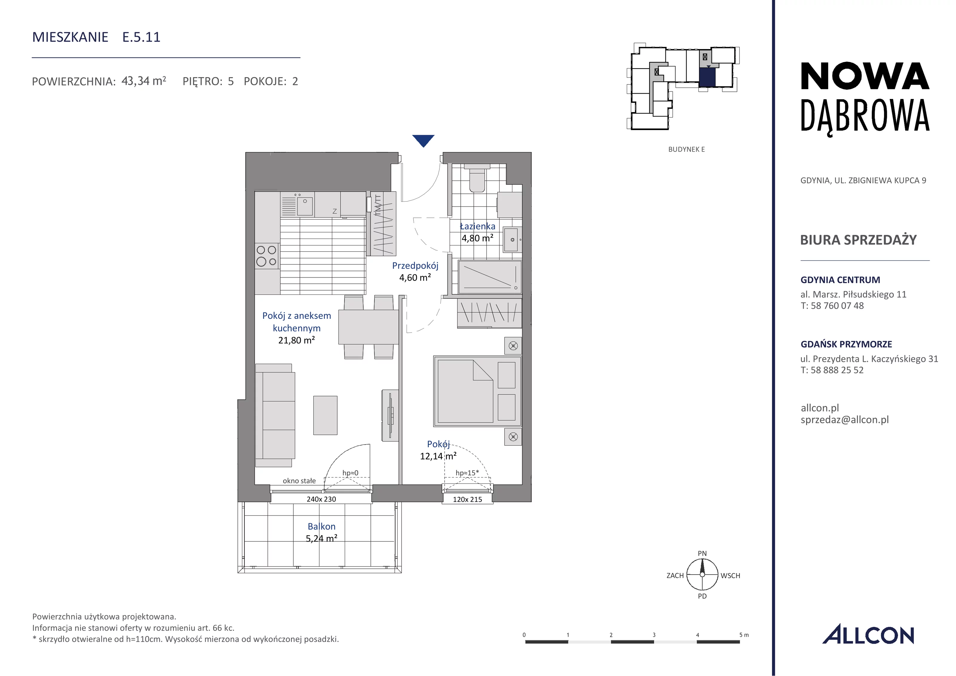 2 pokoje, mieszkanie 43,34 m², piętro 5, oferta nr E.5.11, Nowa Dąbrowa, Gdynia, Dąbrowa, ul. Rdestowa