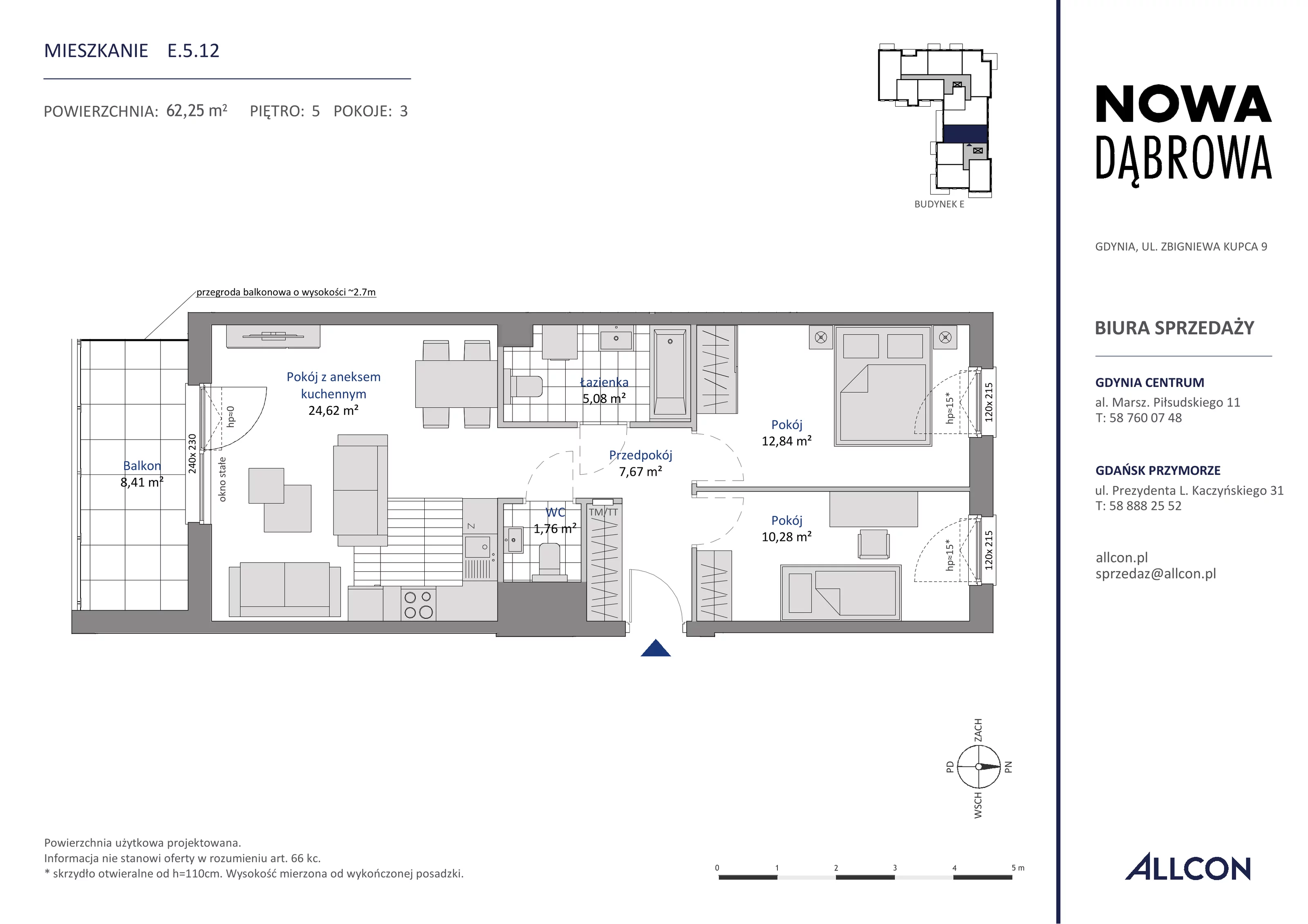 3 pokoje, mieszkanie 62,25 m², piętro 5, oferta nr E.5.12, Nowa Dąbrowa, Gdynia, Dąbrowa, ul. Rdestowa