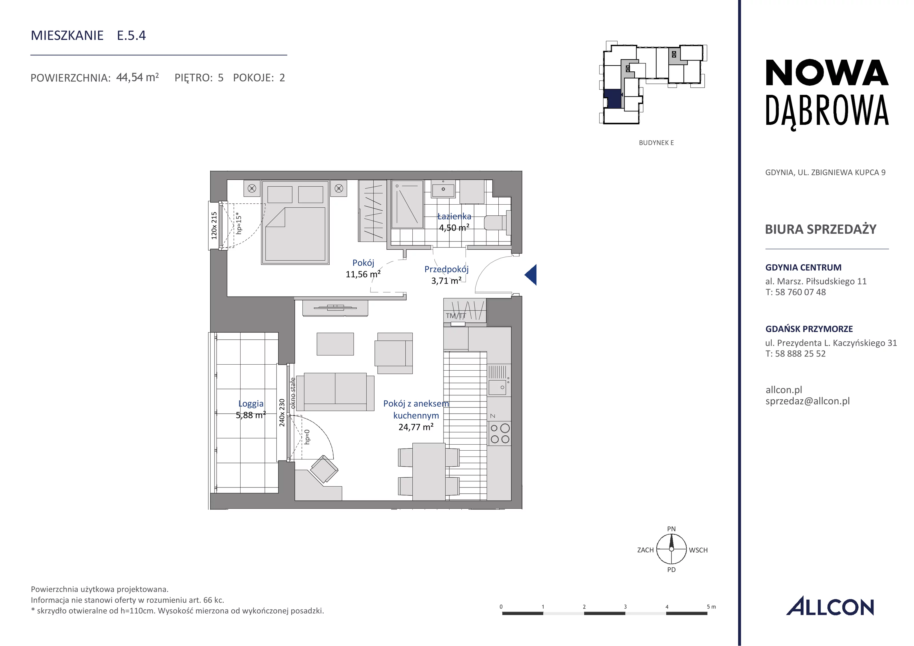 2 pokoje, mieszkanie 44,54 m², piętro 5, oferta nr E.5.4, Nowa Dąbrowa, Gdynia, Dąbrowa, ul. Rdestowa