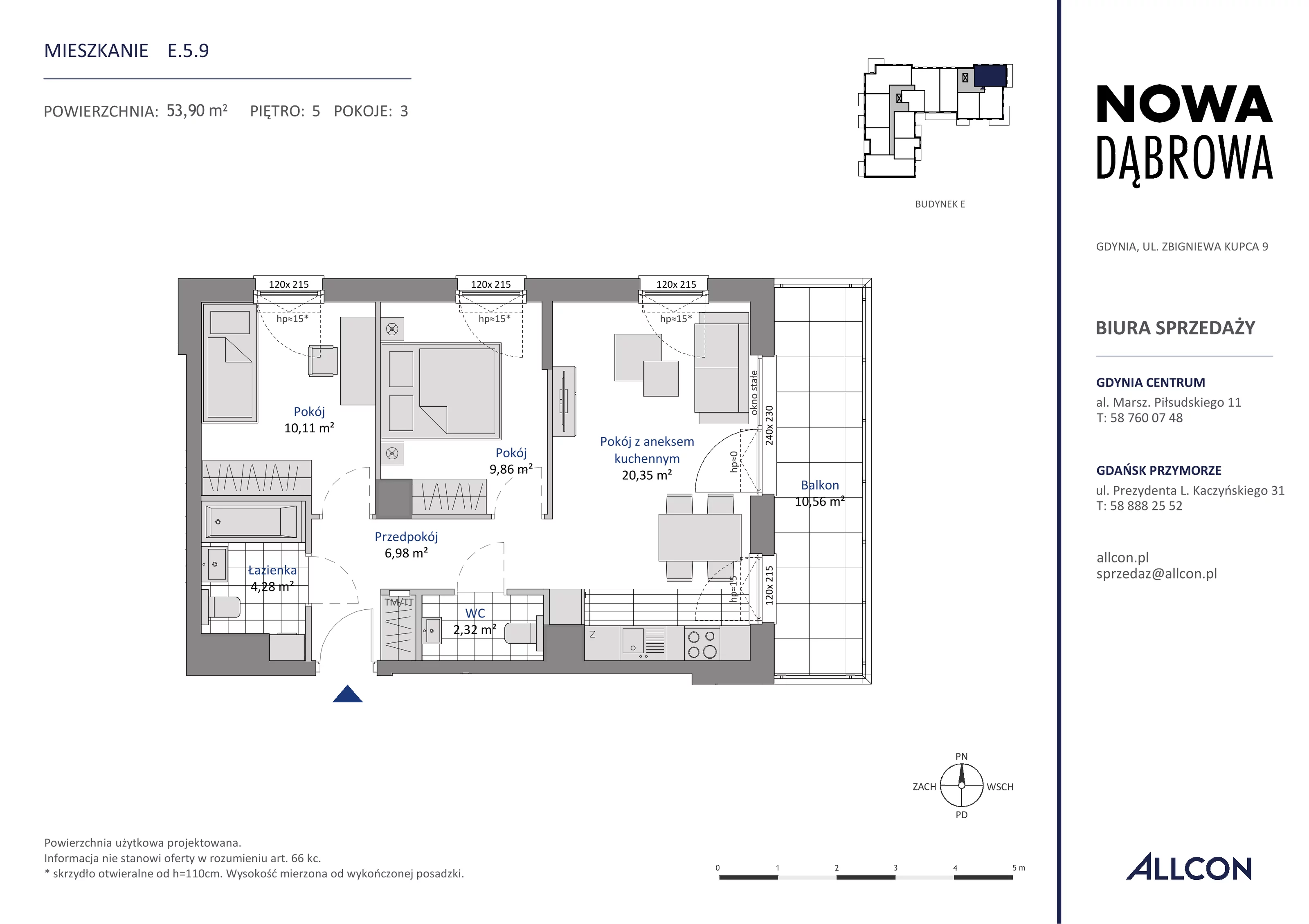 3 pokoje, mieszkanie 53,90 m², piętro 5, oferta nr E.5.9, Nowa Dąbrowa, Gdynia, Dąbrowa, ul. Rdestowa