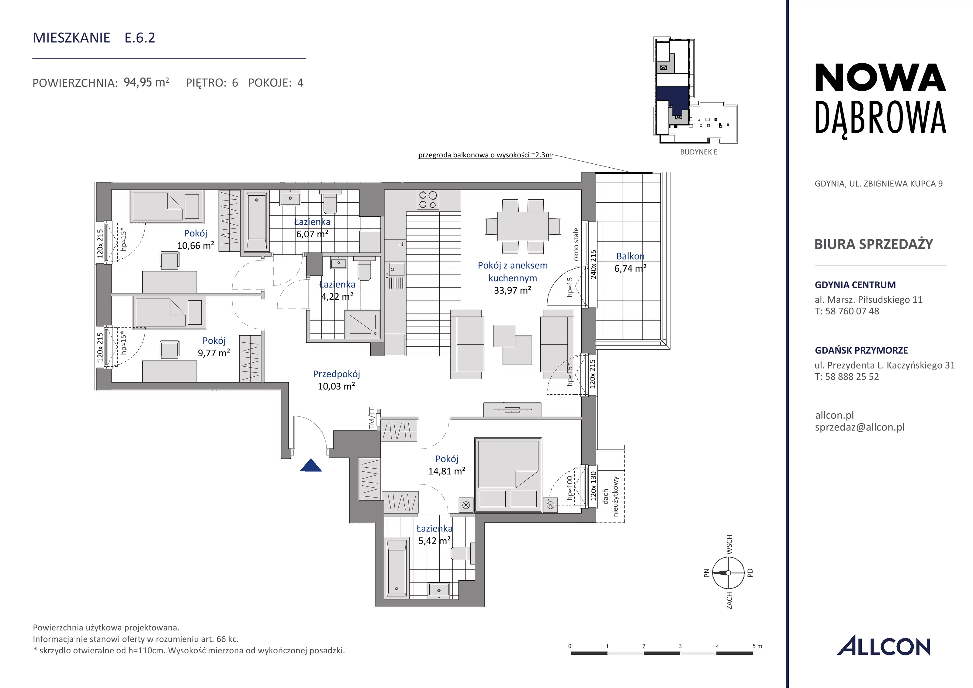 4 pokoje, mieszkanie 94,95 m², piętro 6, oferta nr E.6.2, Nowa Dąbrowa, Gdynia, Dąbrowa, ul. Rdestowa