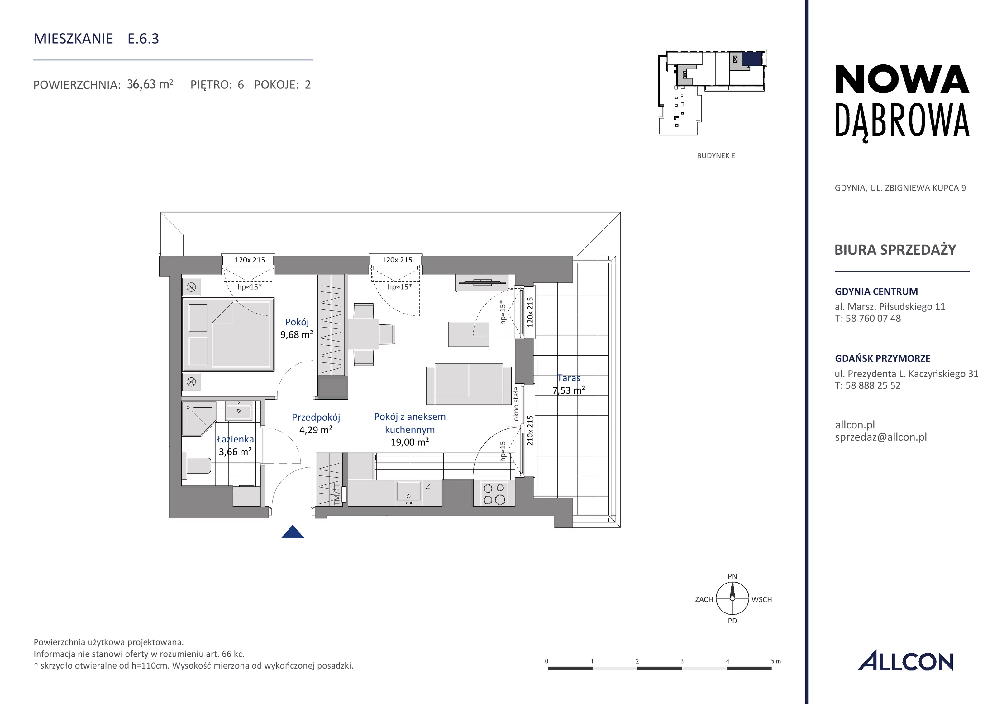 2 pokoje, mieszkanie 36,63 m², piętro 6, oferta nr E.6.3, Nowa Dąbrowa, Gdynia, Dąbrowa, ul. Rdestowa