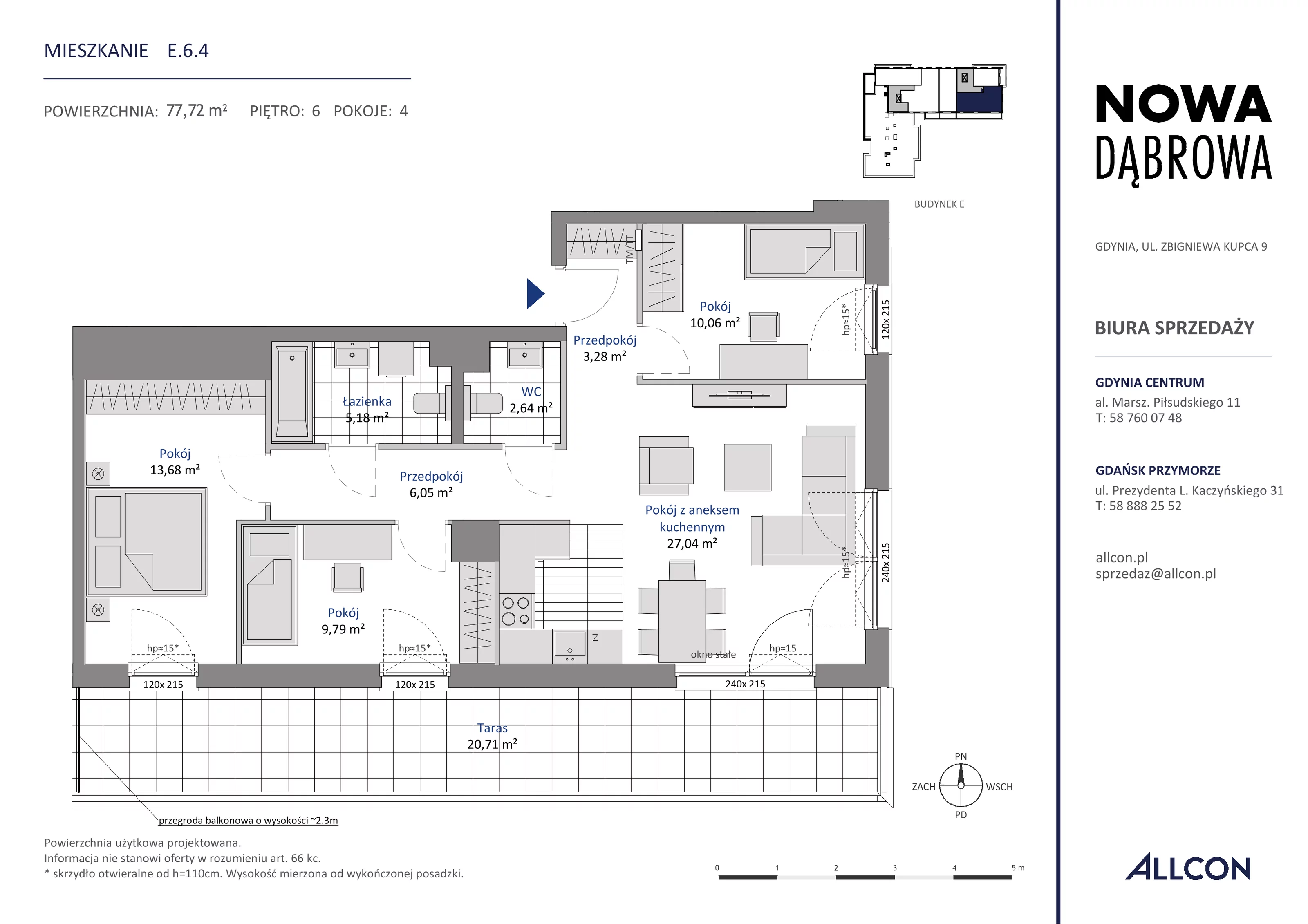 4 pokoje, mieszkanie 77,72 m², piętro 6, oferta nr E.6.4, Nowa Dąbrowa, Gdynia, Dąbrowa, ul. Rdestowa