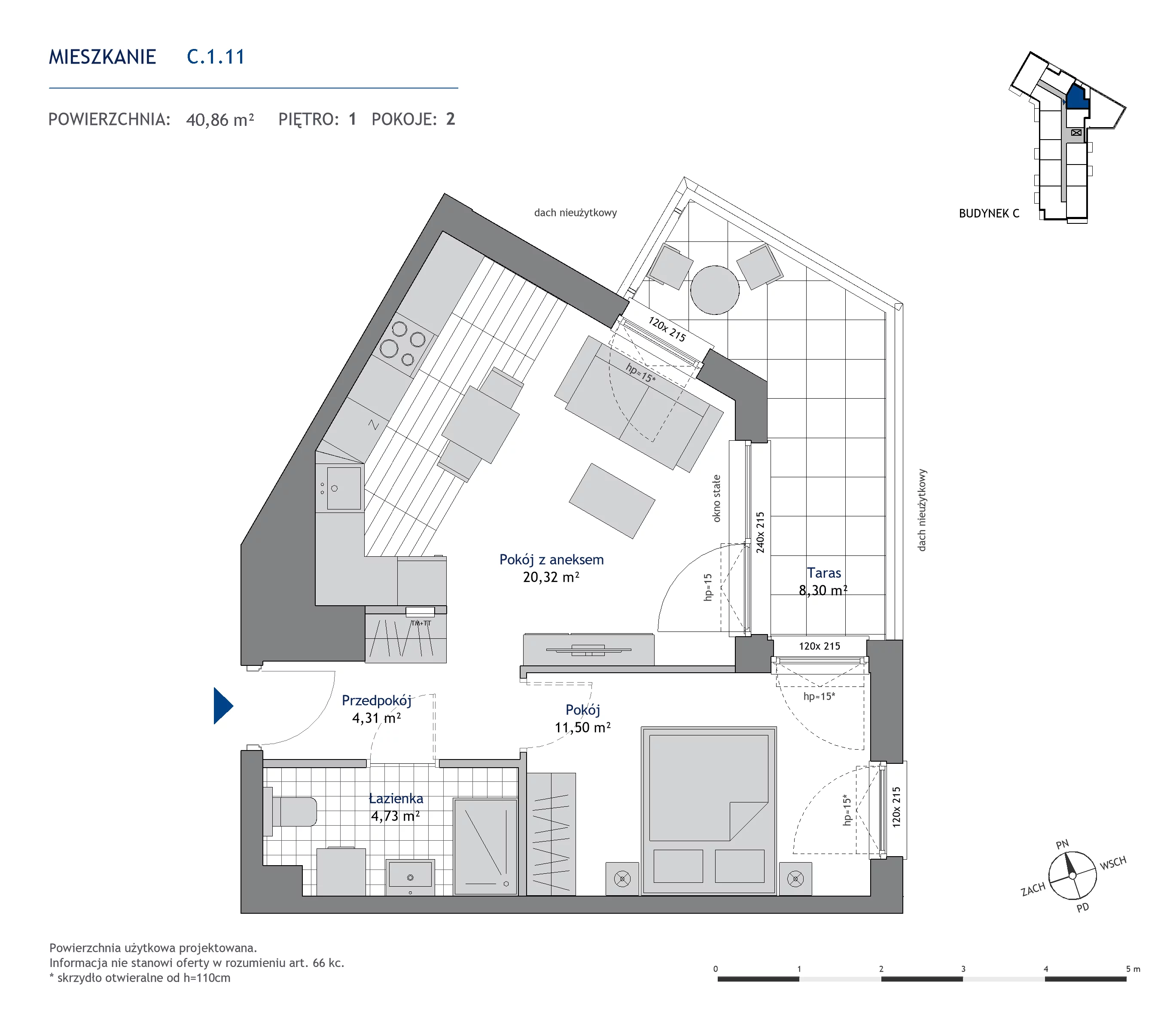 Mieszkanie 40,86 m², piętro 1, oferta nr C.1.11, Nowa Dąbrowa, Gdynia, Dąbrowa, ul. Rdestowa