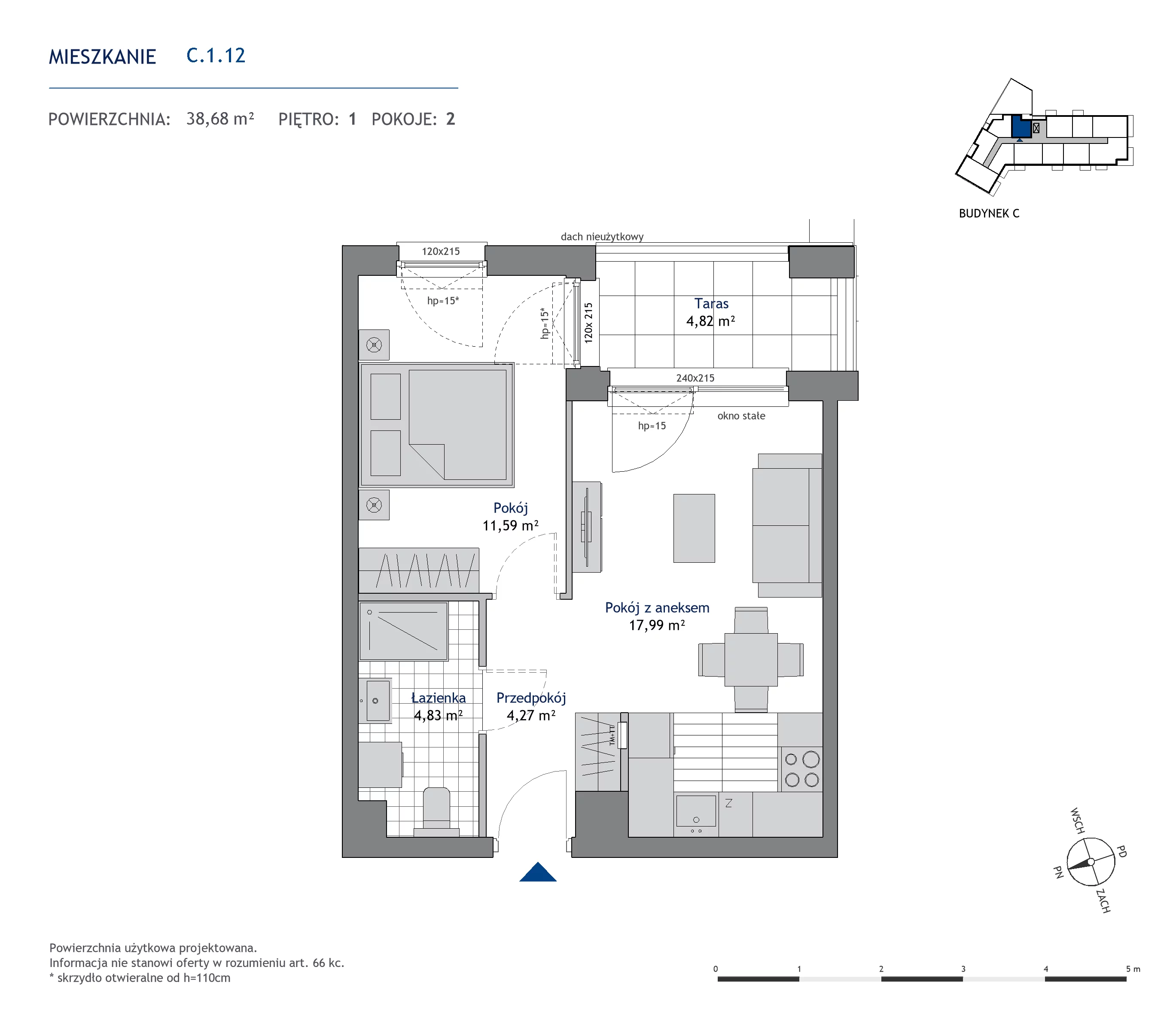 Mieszkanie 38,68 m², piętro 1, oferta nr C.1.12, Nowa Dąbrowa, Gdynia, Dąbrowa, ul. Rdestowa