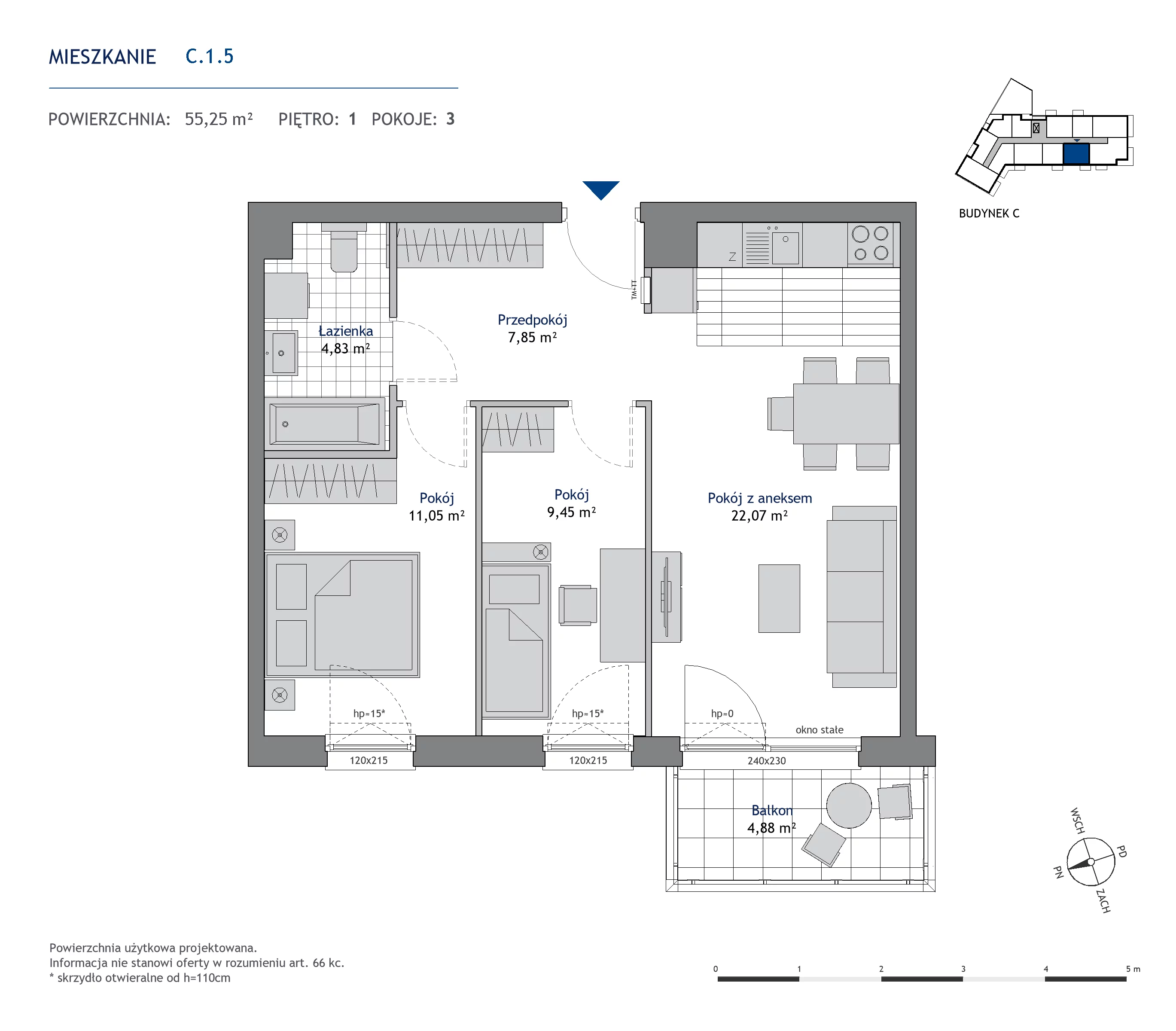 Mieszkanie 55,25 m², piętro 1, oferta nr C.1.5, Nowa Dąbrowa, Gdynia, Dąbrowa, ul. Rdestowa