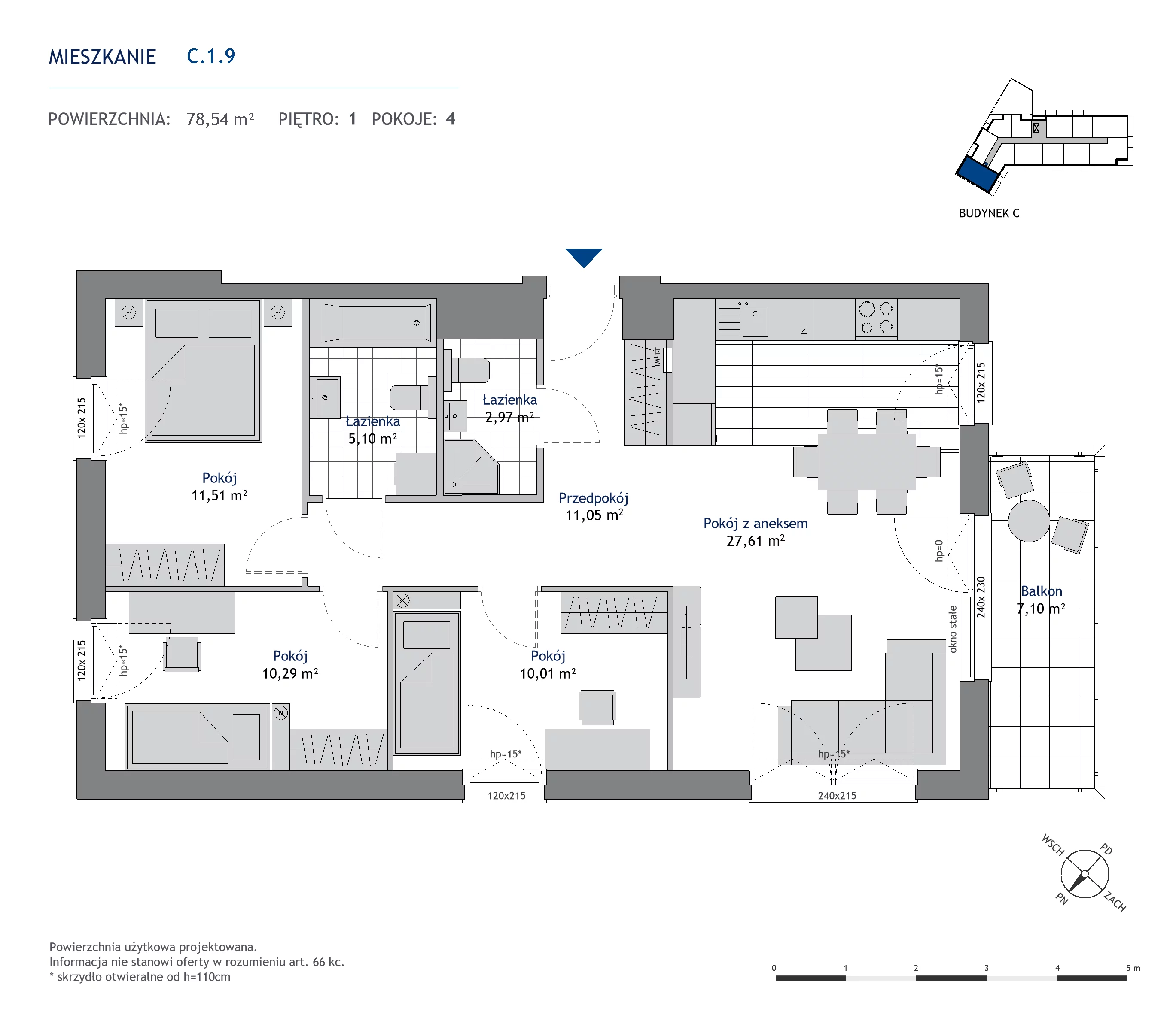 4 pokoje, mieszkanie 78,54 m², piętro 1, oferta nr C.1.9, Nowa Dąbrowa, Gdynia, Dąbrowa, ul. Rdestowa