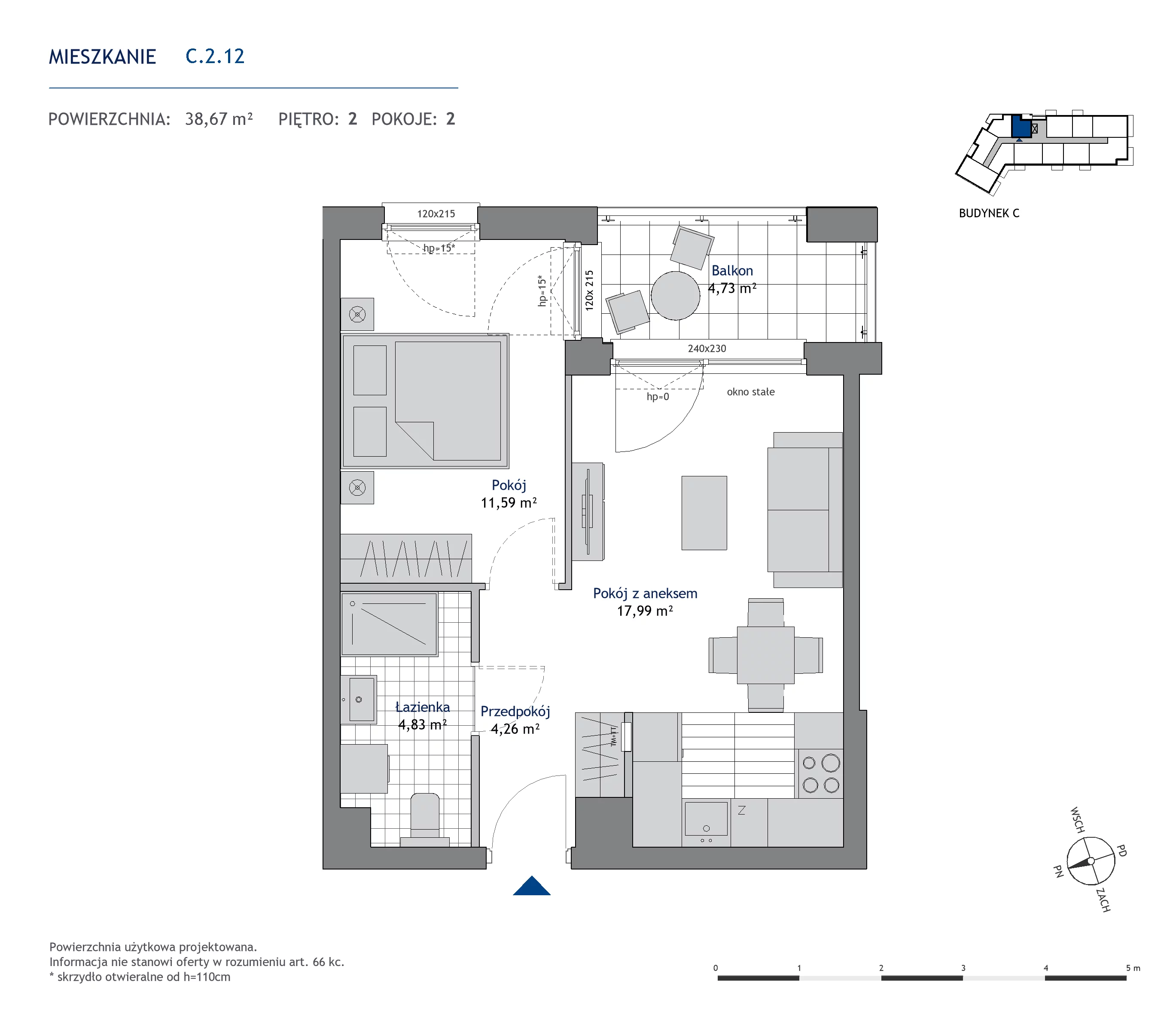 Mieszkanie 38,67 m², piętro 2, oferta nr C.2.12, Nowa Dąbrowa, Gdynia, Dąbrowa, ul. Rdestowa