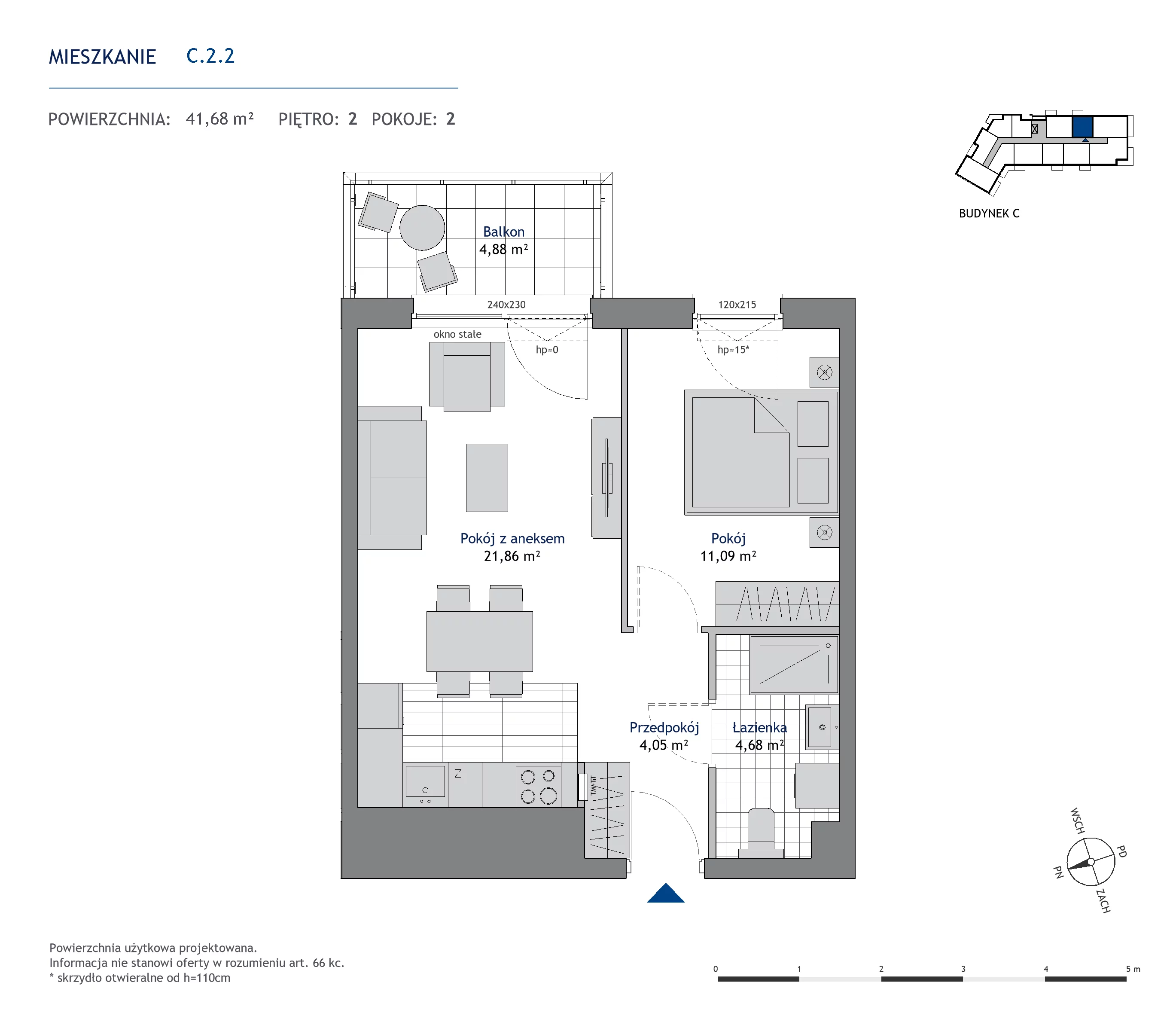 Mieszkanie 41,68 m², piętro 2, oferta nr C.2.2, Nowa Dąbrowa, Gdynia, Dąbrowa, ul. Rdestowa