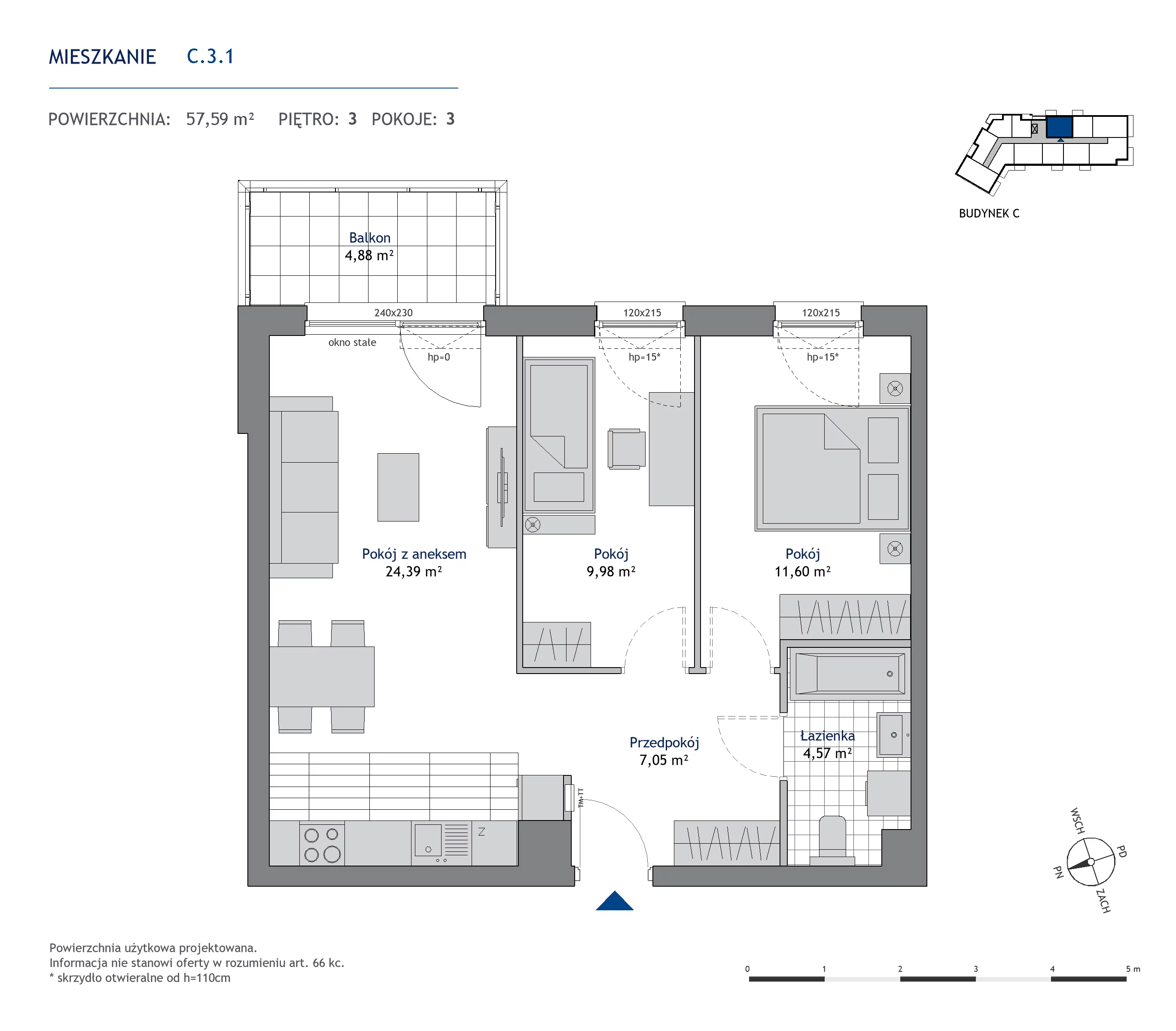 Mieszkanie 57,59 m², piętro 3, oferta nr C.3.1, Nowa Dąbrowa, Gdynia, Dąbrowa, ul. Rdestowa