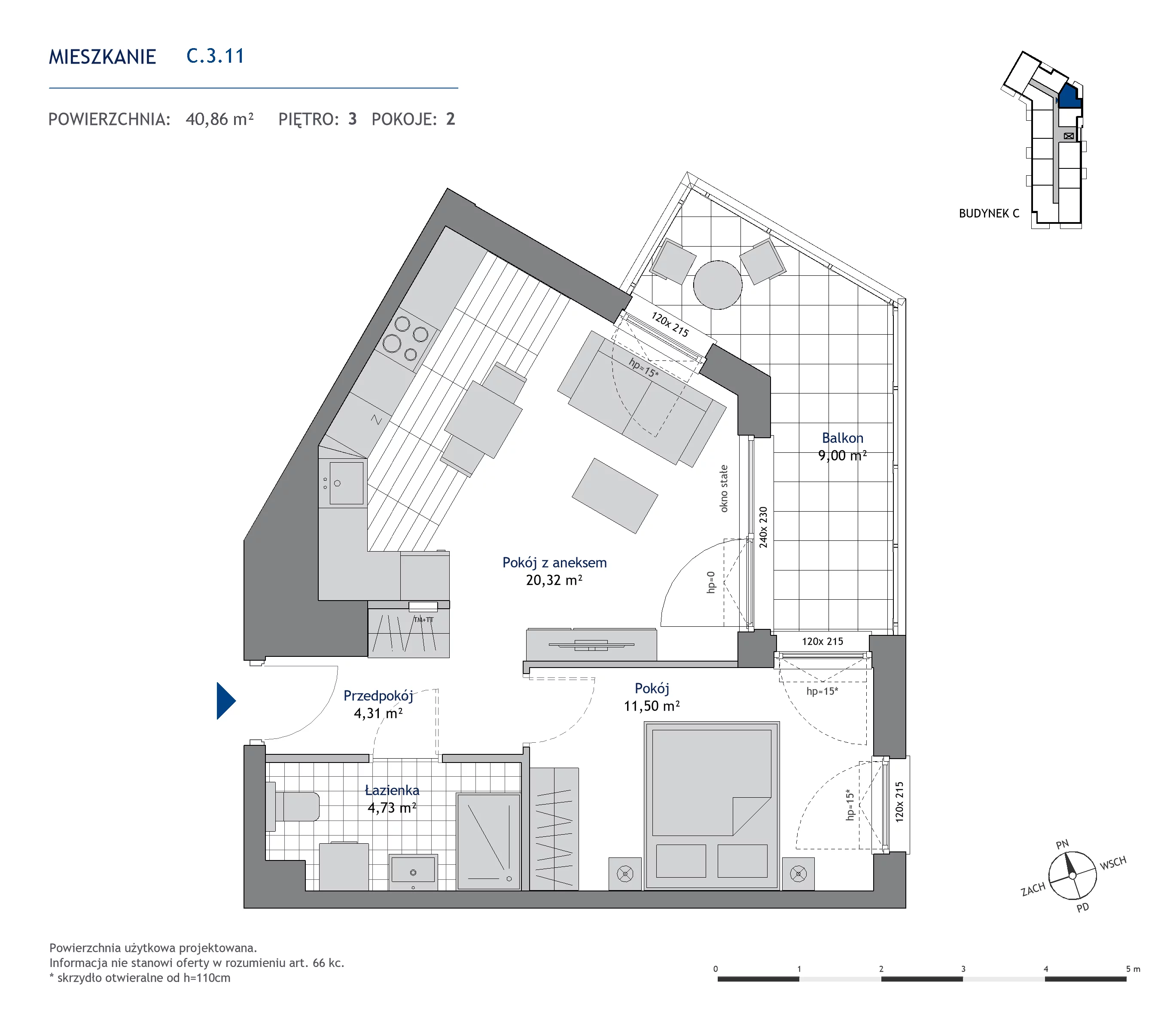 Mieszkanie 40,86 m², piętro 3, oferta nr C.3.11, Nowa Dąbrowa, Gdynia, Dąbrowa, ul. Rdestowa