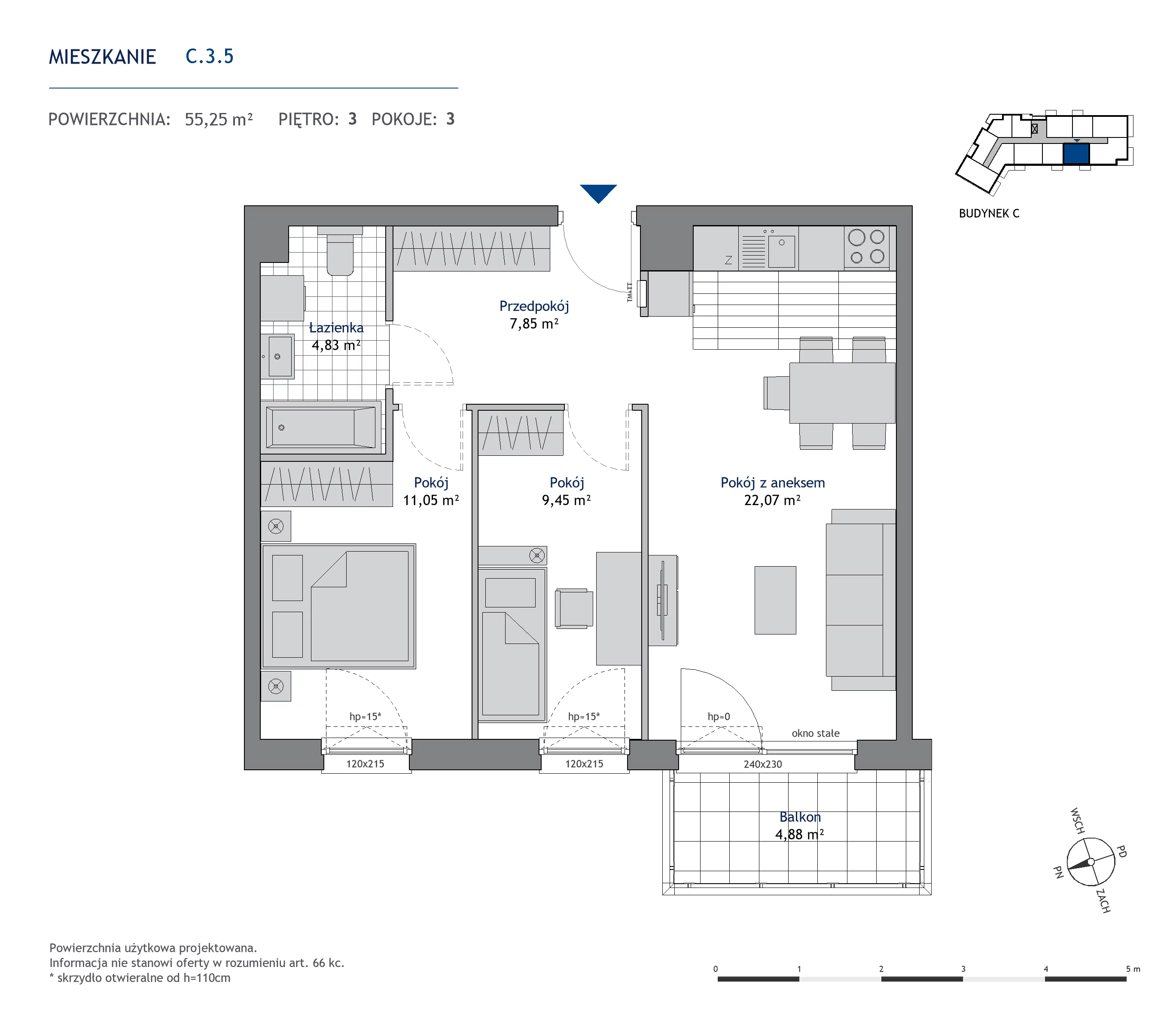 Mieszkanie 55,25 m², piętro 3, oferta nr C.3.5, Nowa Dąbrowa, Gdynia, Dąbrowa, ul. Rdestowa