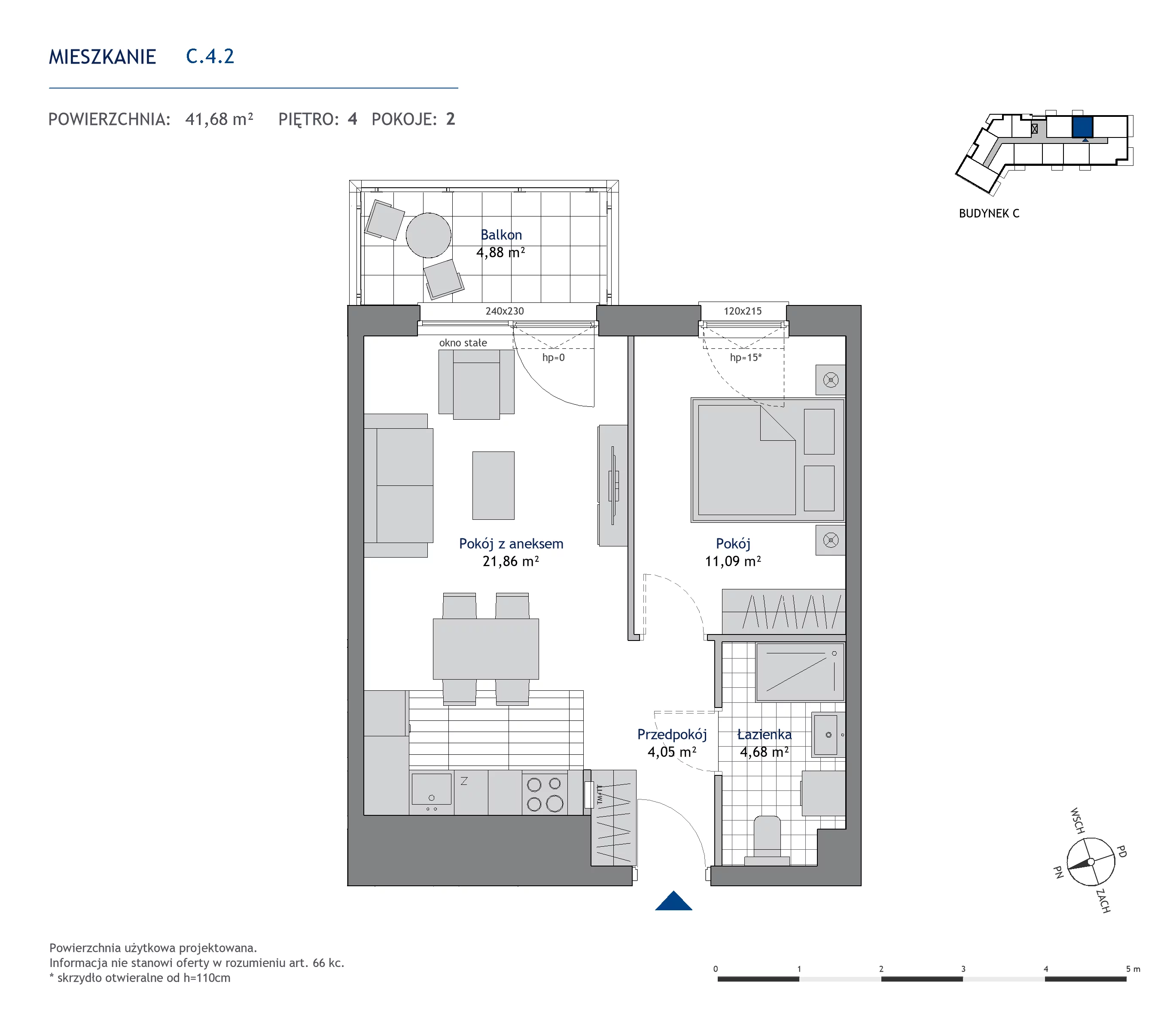 Mieszkanie 41,68 m², piętro 4, oferta nr C.4.2, Nowa Dąbrowa, Gdynia, Dąbrowa, ul. Rdestowa